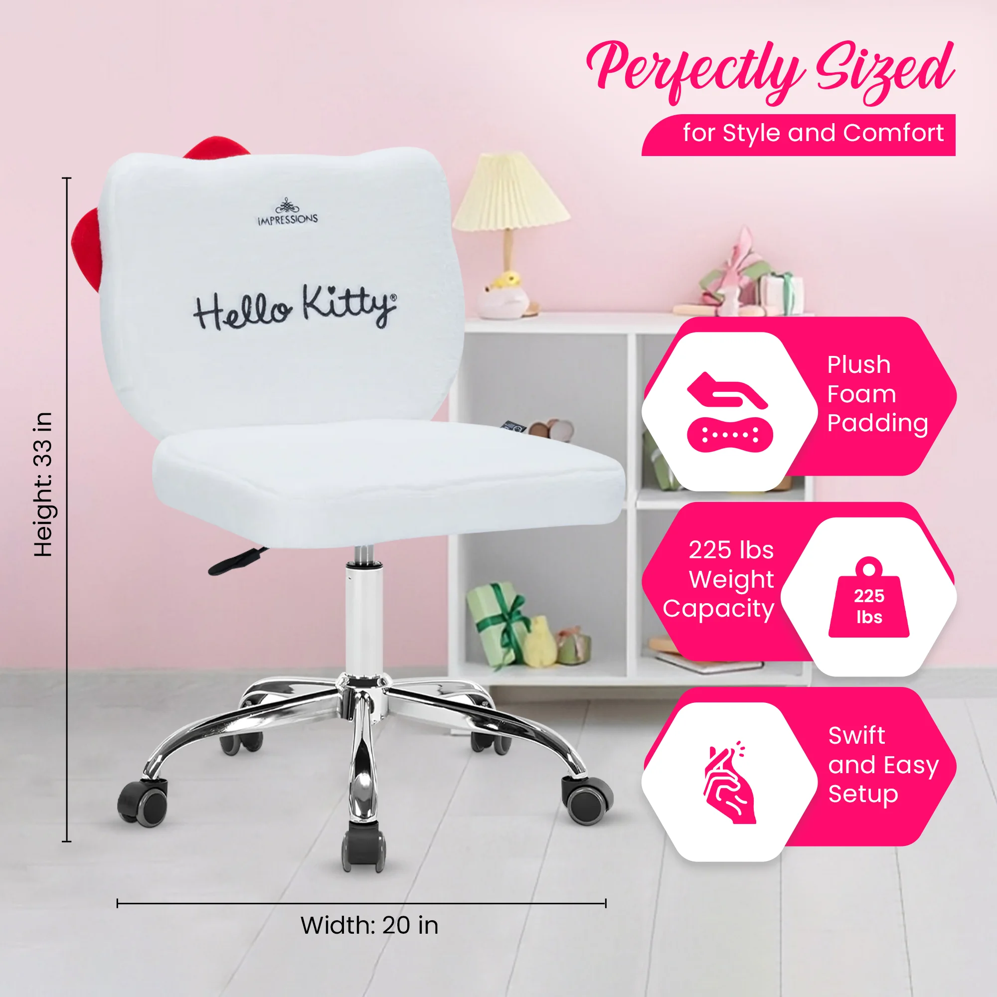 Impressions Vanity Hello Kitty Teddy Swivel Vanity Chair, Desk Chair with Adjustable Height (White)