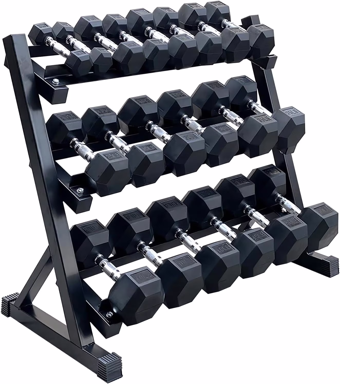 350 lbs Hex Dumbbell Set with Rack, 5-50 lbs Pairs - Rubber Coated Iron Weights for Home Gym, Strength Training & Muscle Building