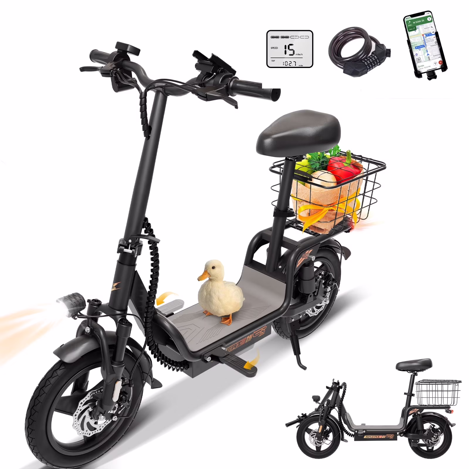 Skeri Electric Scooter with Seat for Adult and Basket, 14 Inch Tire Electric Scooter with Dual Shock Absorbers, 350W Motor with 25-Mile Range, Speed Up to 20 MPH (Gen 2.0)