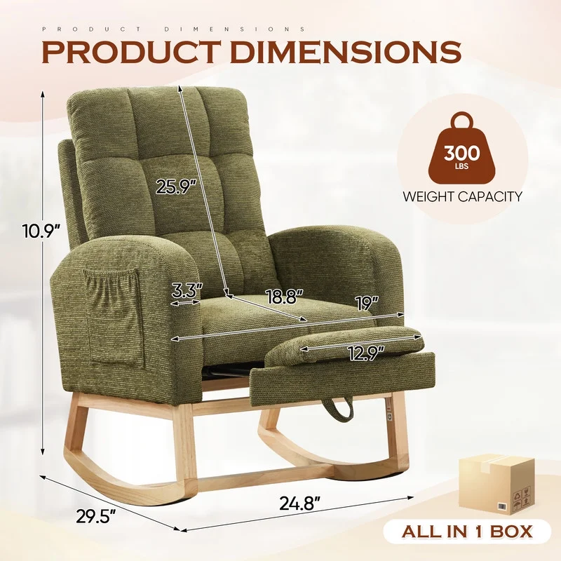 FFH Rocking Chair Nursery, Tufted Accent Rocker Chair, Upholstered Armchair with Adjustable Footrest, Side Pocket, High Backrest, Padded Seat, Polyester Blend (Retro, Dark Gray)