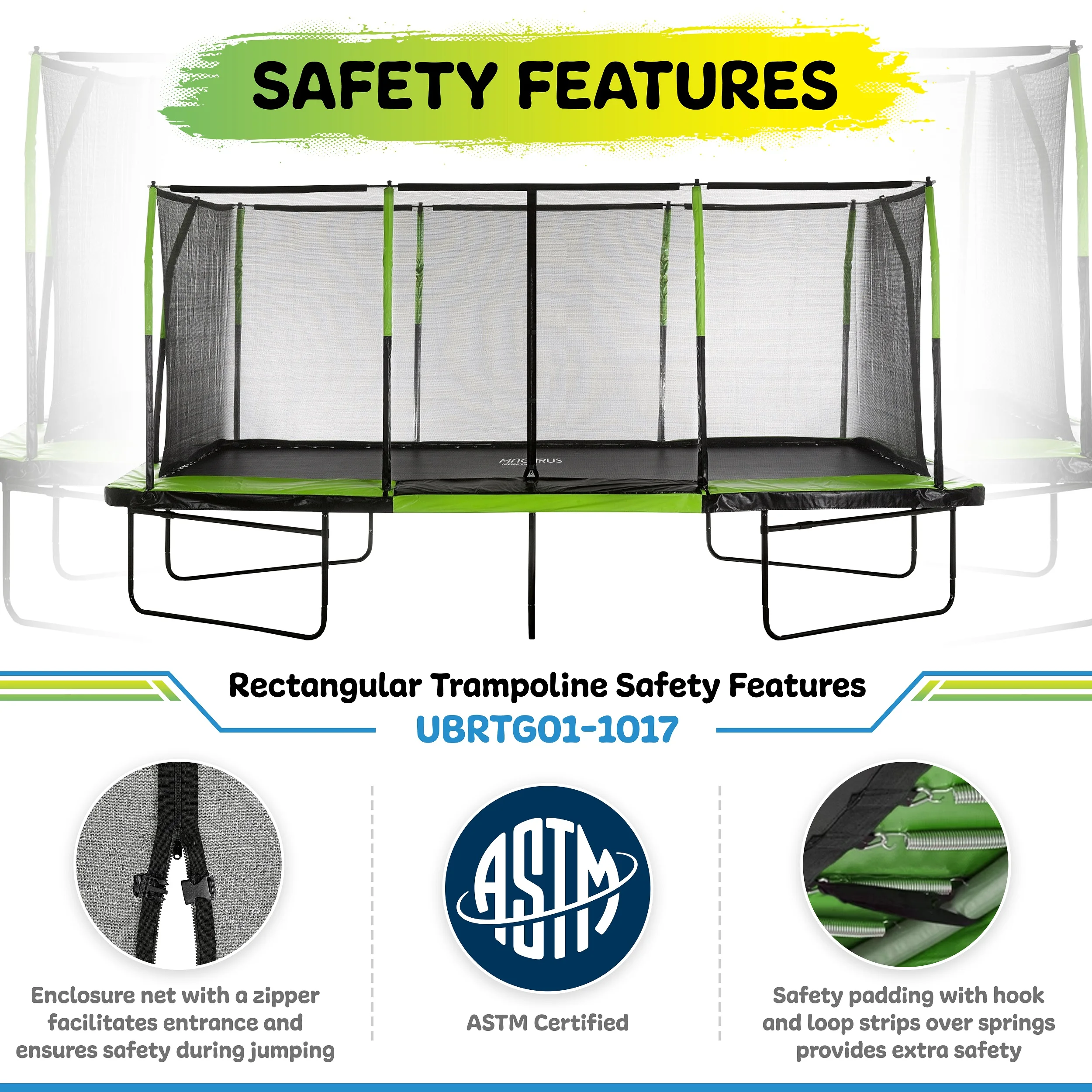 Machrus Upper Bounce - Mega 10' X 17' Gymnastics Style, Rectangular Trampoline Set with Premium Top-Ring Enclosure System - Green/Black