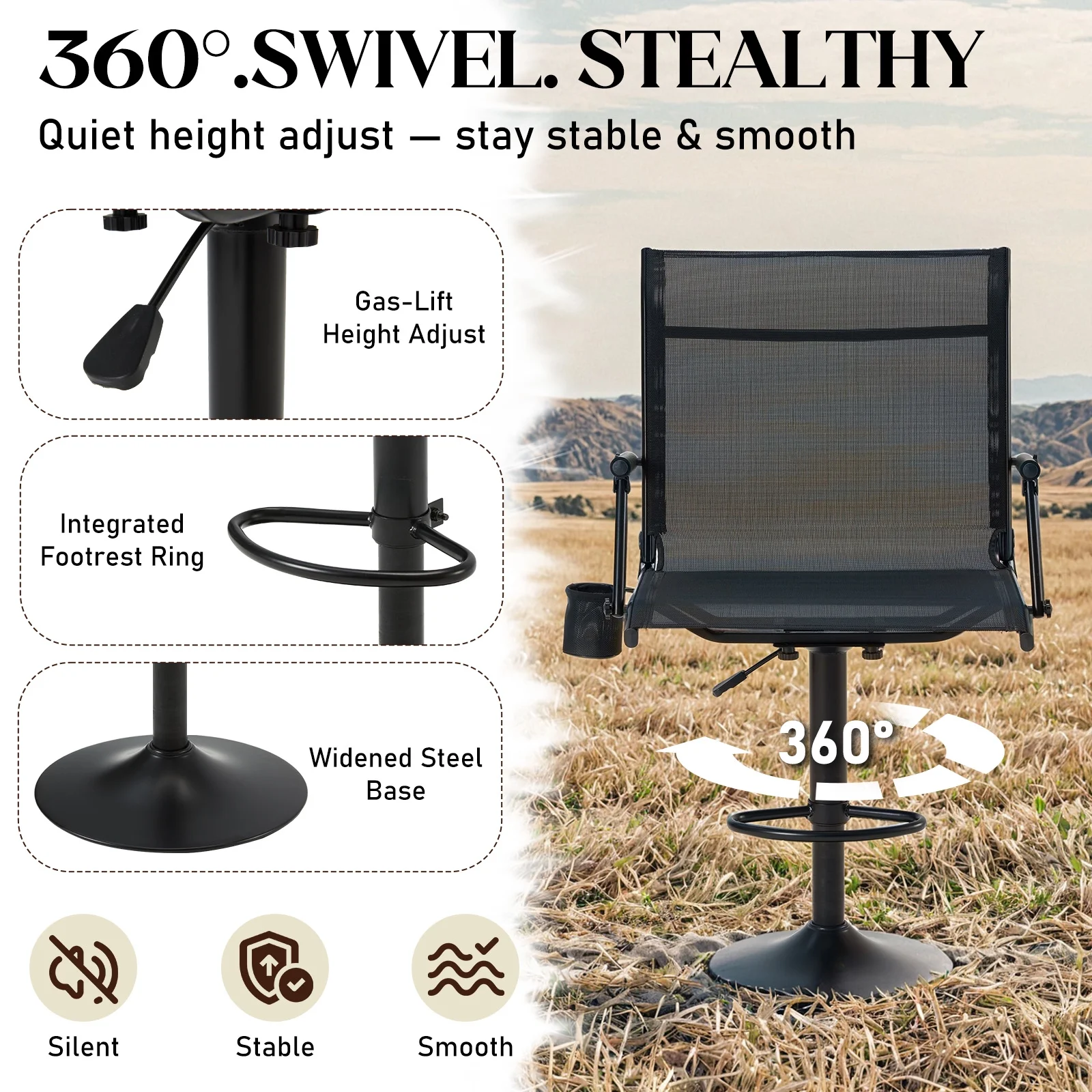 Danrelax 360° Silent Camo Hunting Blind Chair, Armrests, Side Pouch, Telescopic Legs