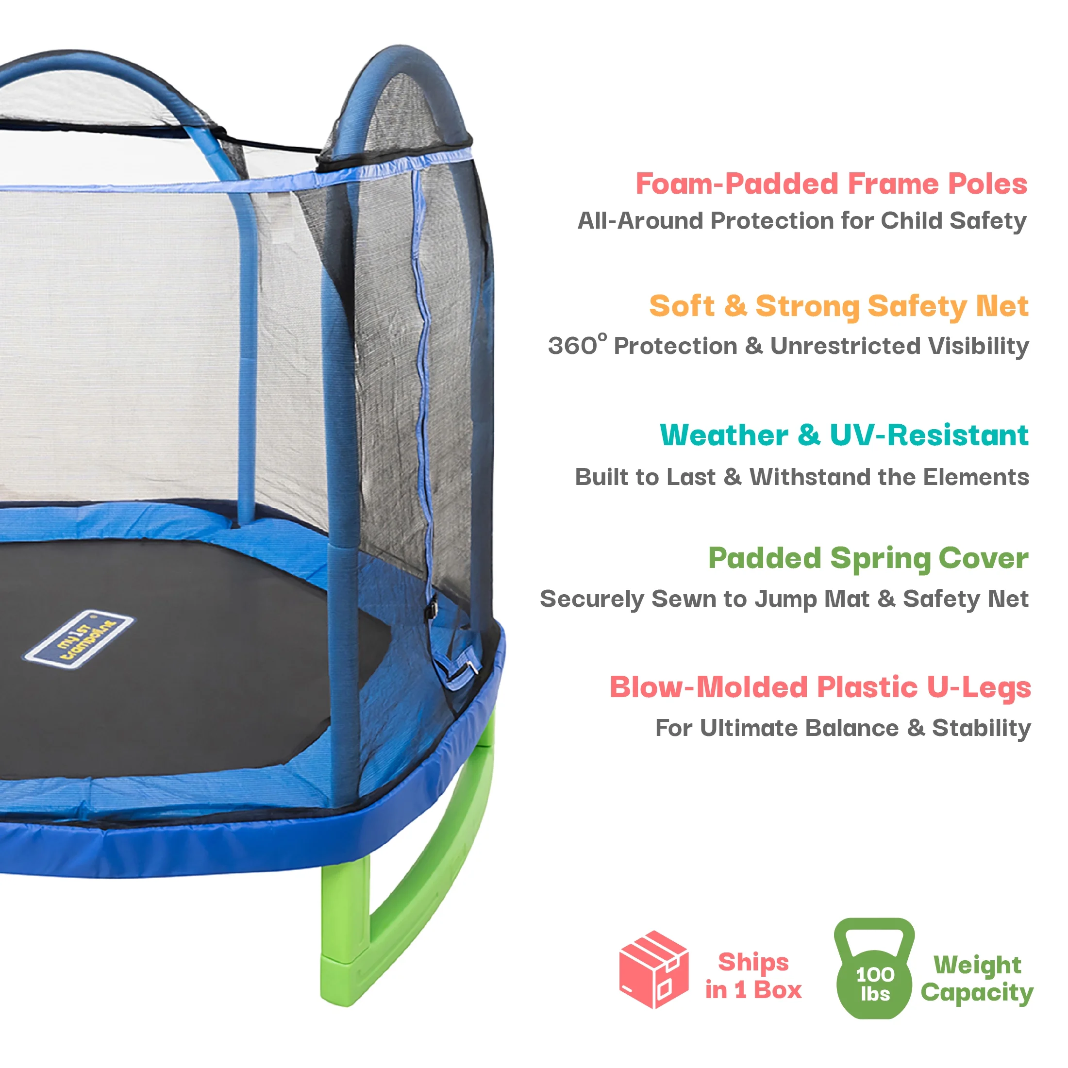 Sportspower 7' My 1st Trampoline for Kids 3-10 with Safety Enclosure Blue and Green