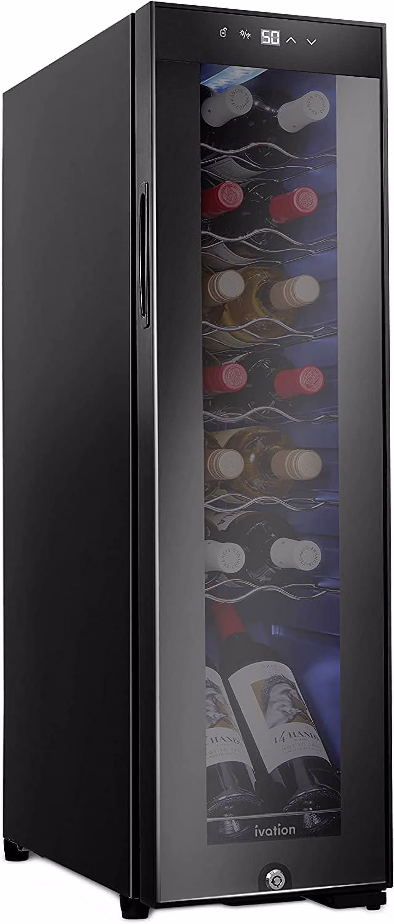 Ivation 14-Bottle Wine Cooler, Freestanding Beverage Cooler with Lock, Black