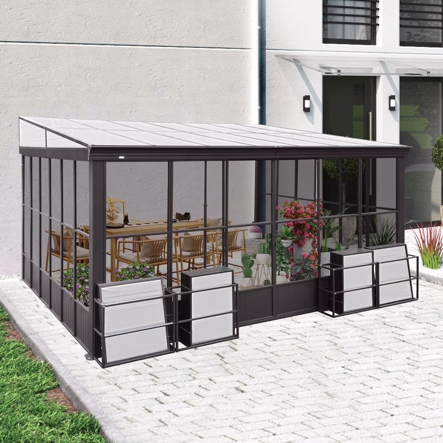 Domi Outdoor Living 10' x 12' Hardtop Lean-to Gazebo, Wall-Mounted with Galvanized Steel Roof Wall Pergola with Aluminum Frame, Curtains and Netting, for Patio, Deck, Garden, Backyard