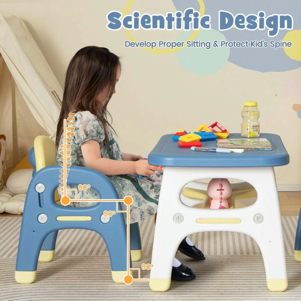 Spaco Kids Table and 2 Chairs Set with Storage Shelf and Building Blocks-Blue, Toddler Table and Chair Set for Arts & Crafts, Snack Time, Homeschooling, Homework