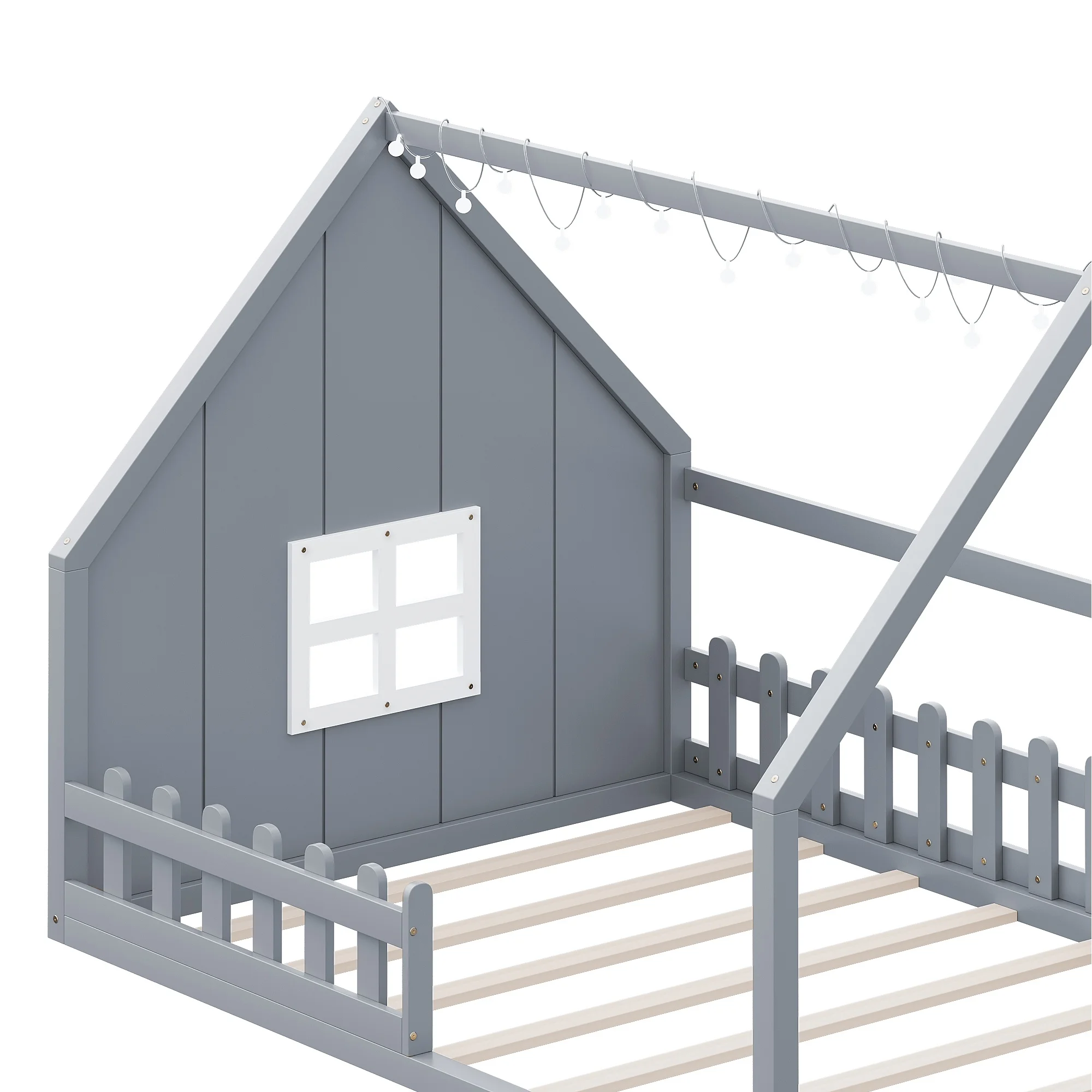 Bellemave Full Size House Bed with LED Light and Fence, Wooden Montessori Floor Bed with Window, No Box Spring Required (Gray)