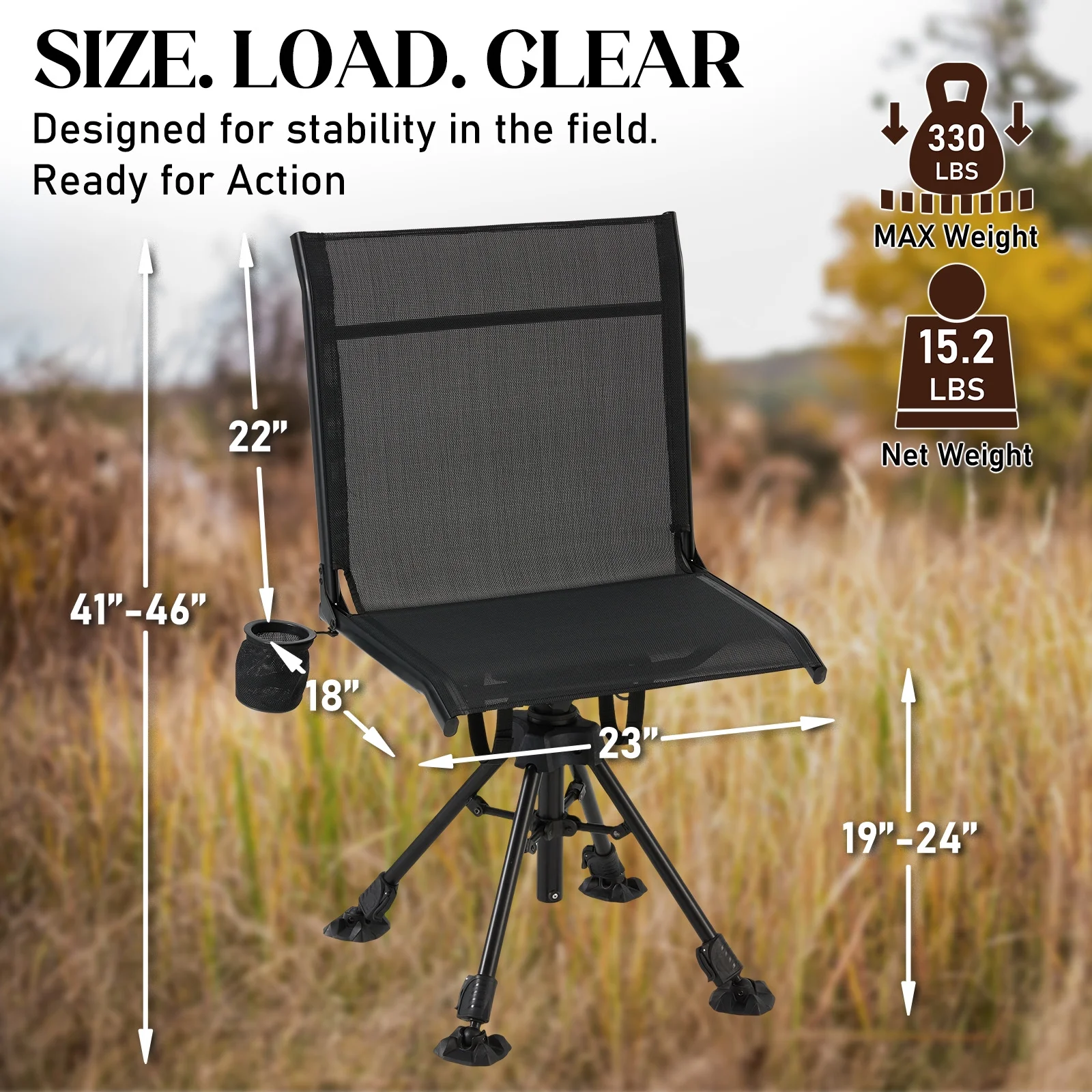 Danrelax 360° Silent Camo Hunting Blind Chair, Armrests, Side Pouch, Telescopic Legs