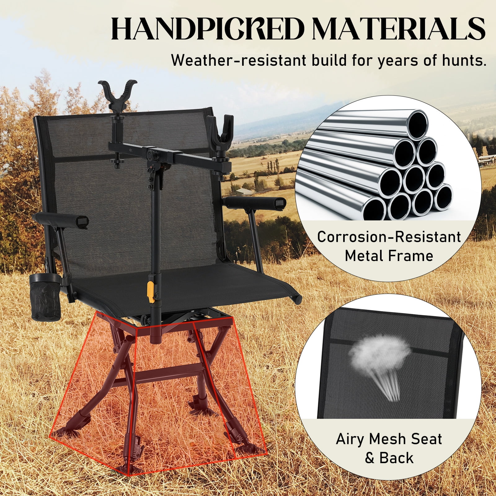 Danrelax 360° Silent Camo Hunting Blind Chair, Armrests, Side Pouch, Telescopic Legs