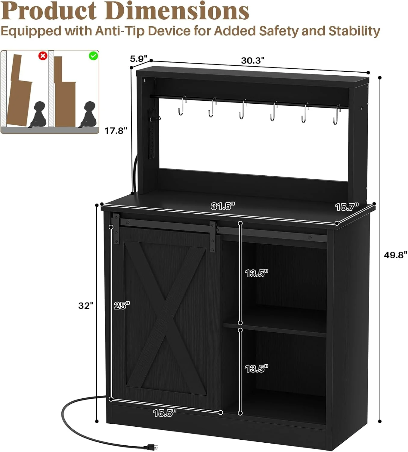 Homieasy Farmhouse Coffee Bar Cabinet with Charging Station, LED Lighting, Adjustable Shelves & Rustic Sliding Barn Door Design for Kitchen, Dining, or Living Room, Black Oak