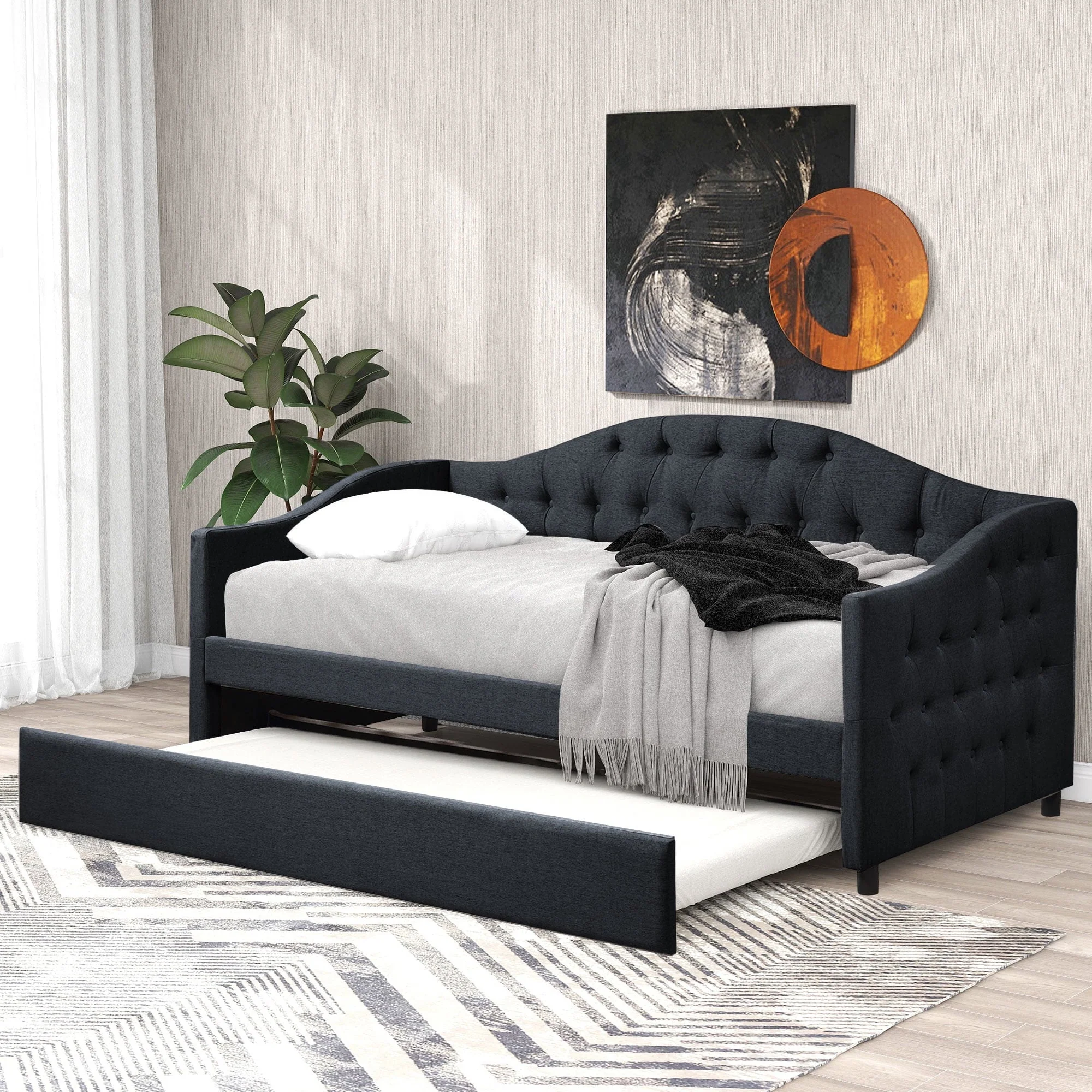 Euroco Upholstery Twin Size Daybed, Wood Tufted Daybed with Trundle for Kids Room, No Box Spring Needed, Dark Gray
