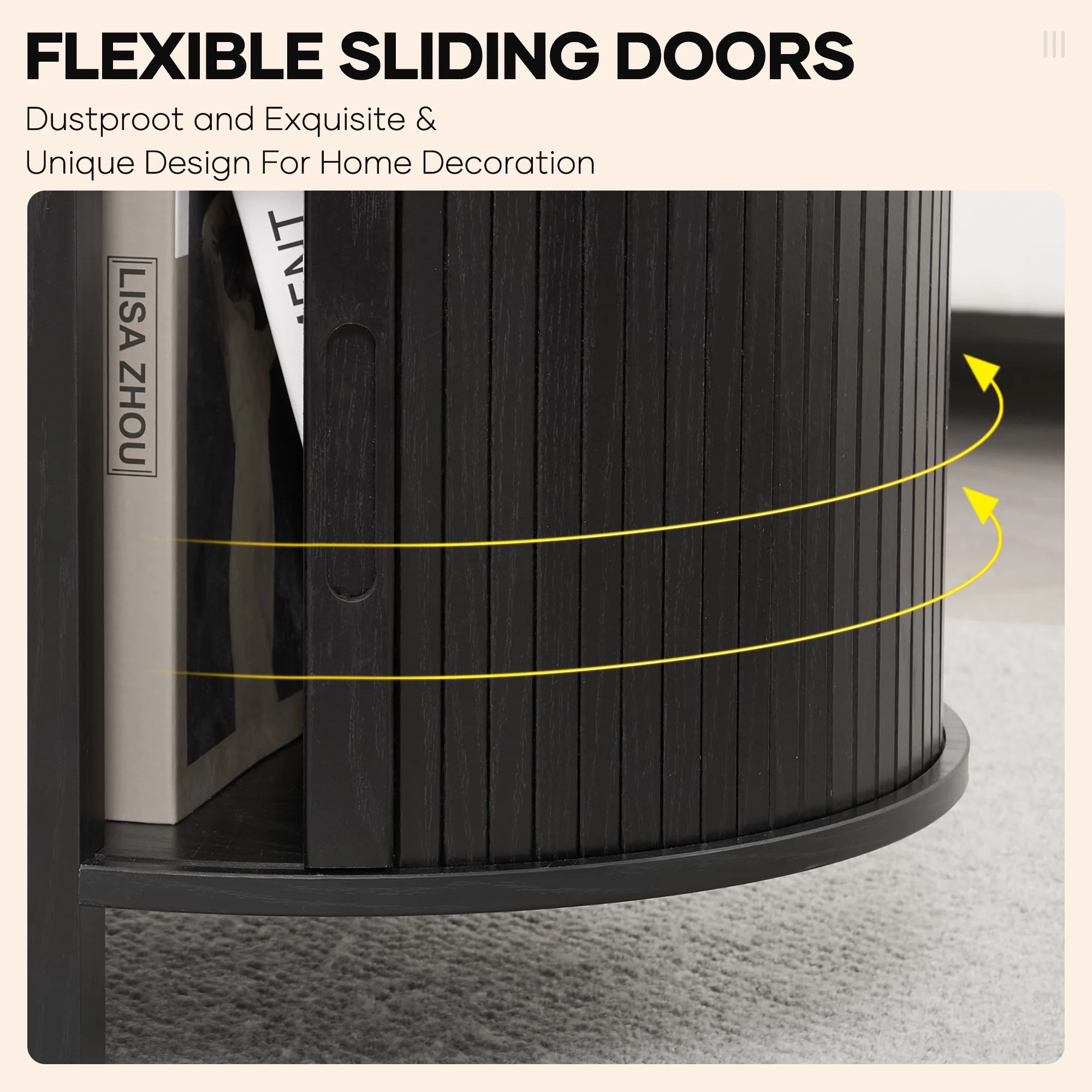 MARNUR Coffee Table with Storage, Tambour Sliding Door, Open Shelf, Mid Century Modern Center Table with Drawer for Living Room, Walnut