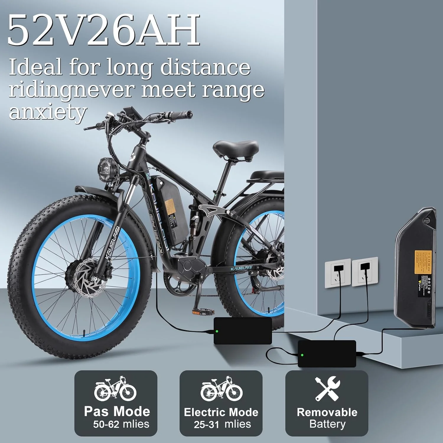 KAIJIELAISI Electric Bike for Adults,AWD Ebikes Dual Motor Peak 6000W, 26'' Fat Tire bikes with 52V 26AH Battery Hydraulic Brake ​​Electric Bicycle, 7 Speed Mountain EBike UL 2849.
