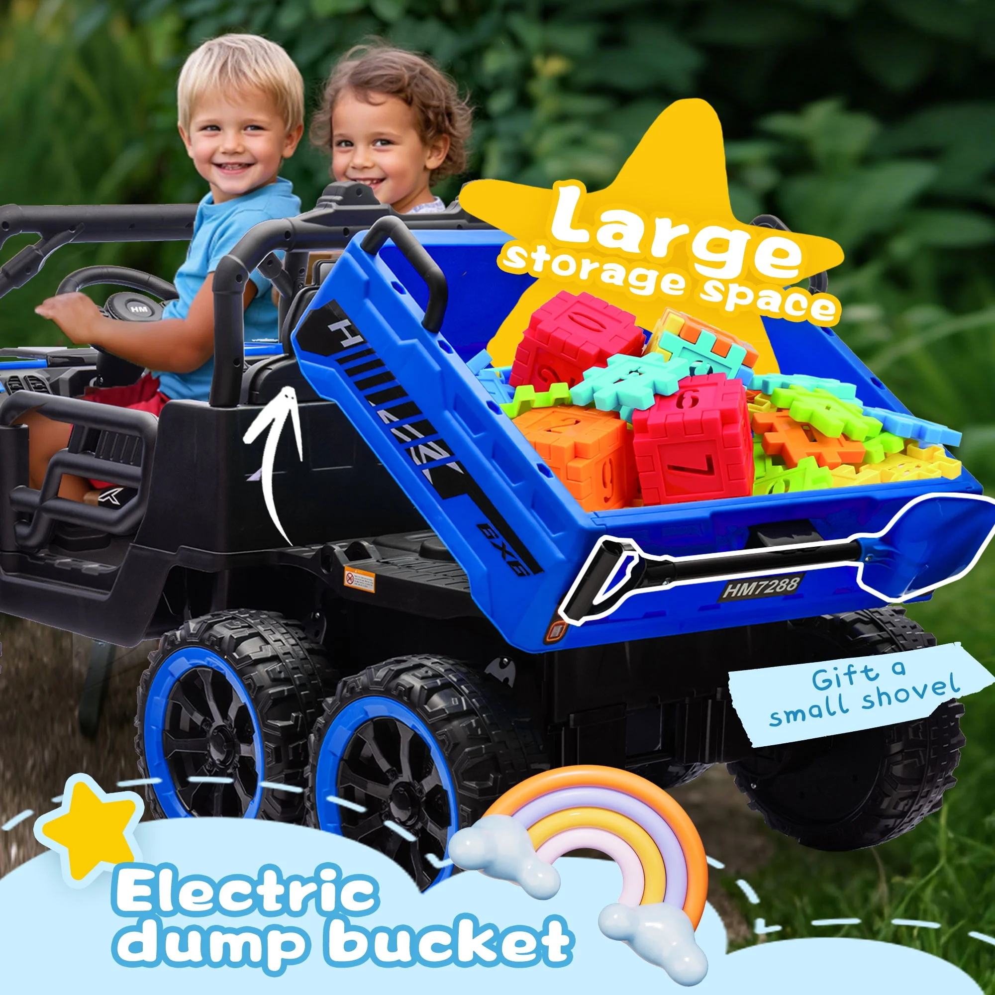 Xuanlur 24V 2 Seater Kids Ride on Car Truck, Ride on UTV W/ 2x200W Motor, 24 Volt Ride on Toys W/ Dump Bed/Shovel, Electric Car for Kids W/ Durable Tires, LED Light, Music, Remote Control, Black
