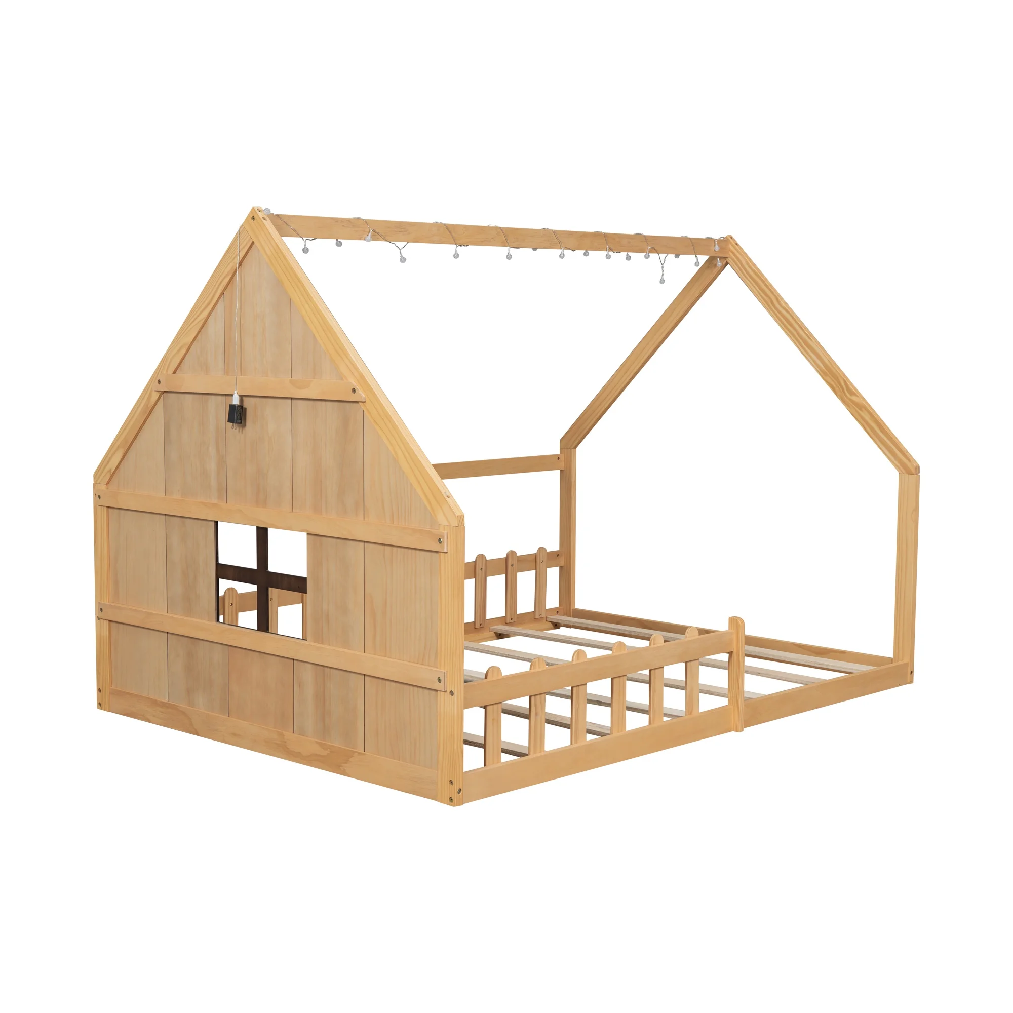 Bellemave Full Size House Bed with LED Light and Fence, Wooden Montessori Floor Bed with Window, No Box Spring Required (Gray)