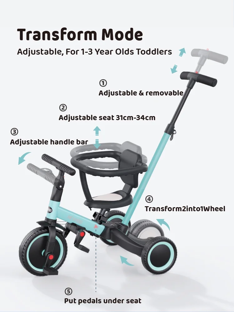 newyoo TR008 5-in-1 Toddler Tricycle with Push Handle, Converts to Balance Bike for 1-3 Year Old, Khaki