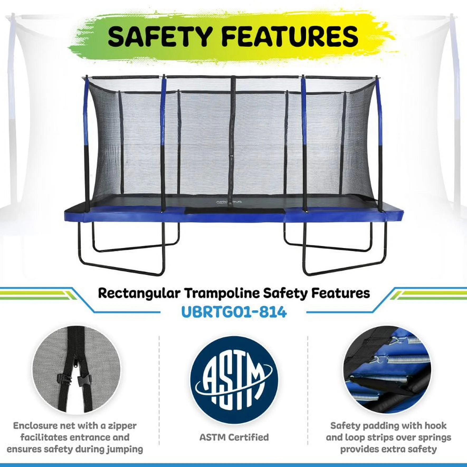 Machrus Upper Bounce - Mega 10' X 17' Gymnastics Style, Rectangular Trampoline Set with Premium Top-Ring Enclosure System - Green/Black