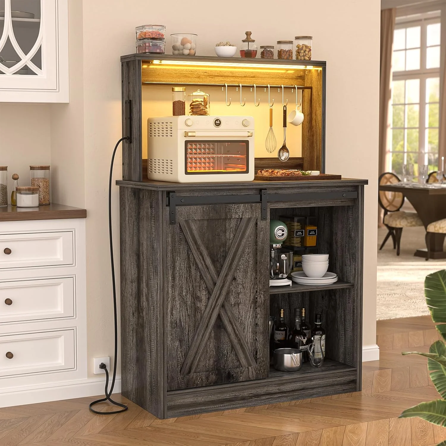 Homieasy Farmhouse Coffee Bar Cabinet with Charging Station, LED Lighting, Adjustable Shelves & Rustic Sliding Barn Door Design for Kitchen, Dining, or Living Room, Black Oak