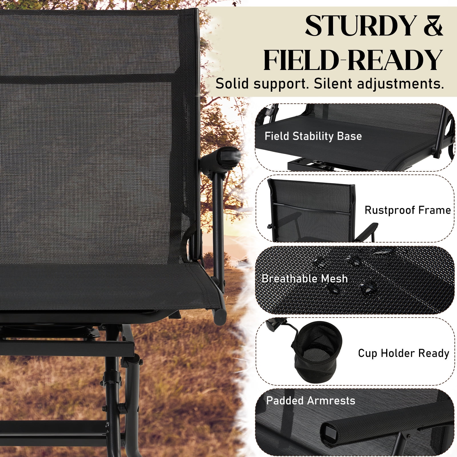 Danrelax 360° Silent Camo Hunting Blind Chair, Armrests, Side Pouch, Telescopic Legs