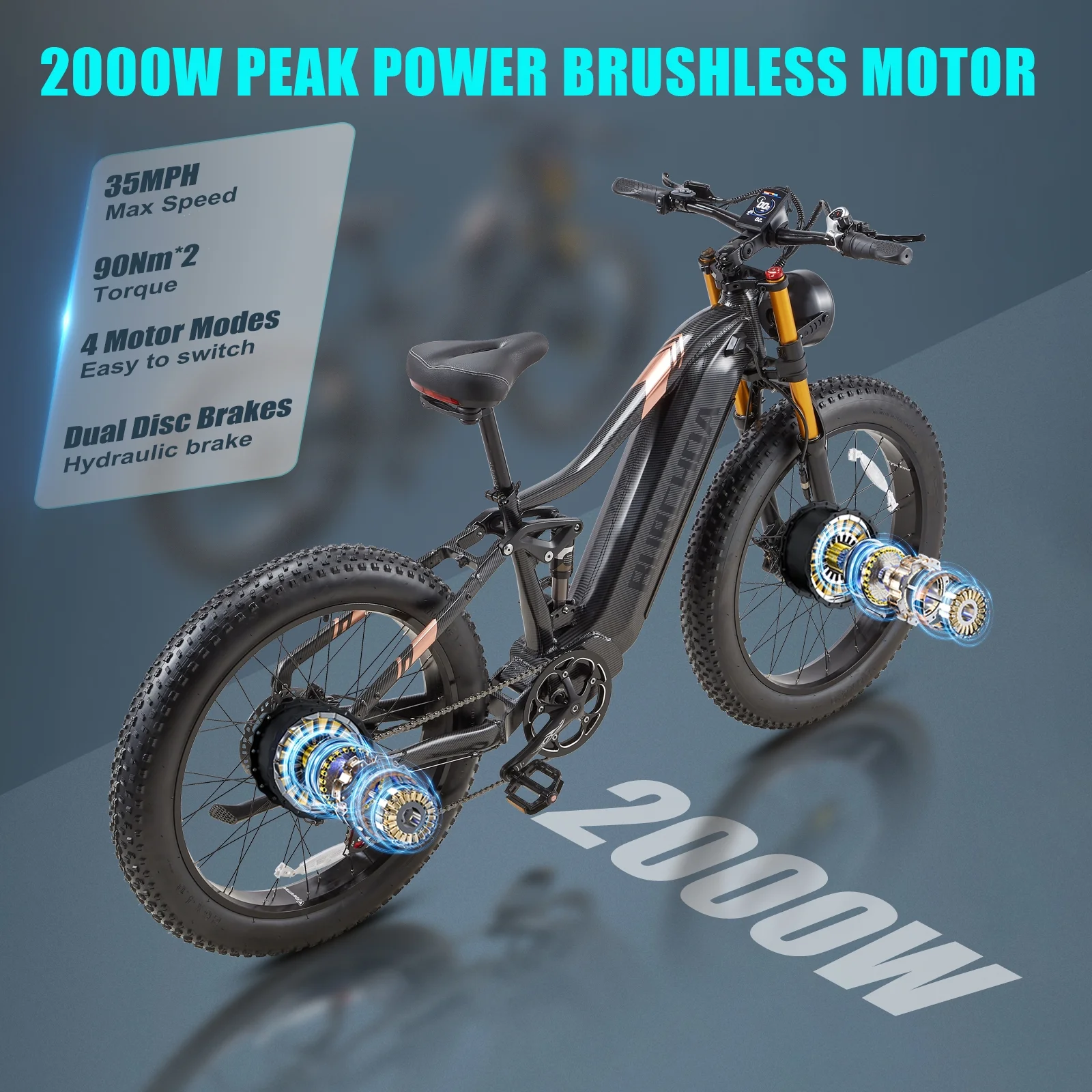 Dual Motors AWD 2000W Electric Bike for Adult 26'', UL2849 48V 60AH Removable Battery E-mountain bike 4'' Fat Tire up to 35MPH&200Miles Long Range Off Road Ebike Beach Dual Hydraulic&Brakes E-Bicycle