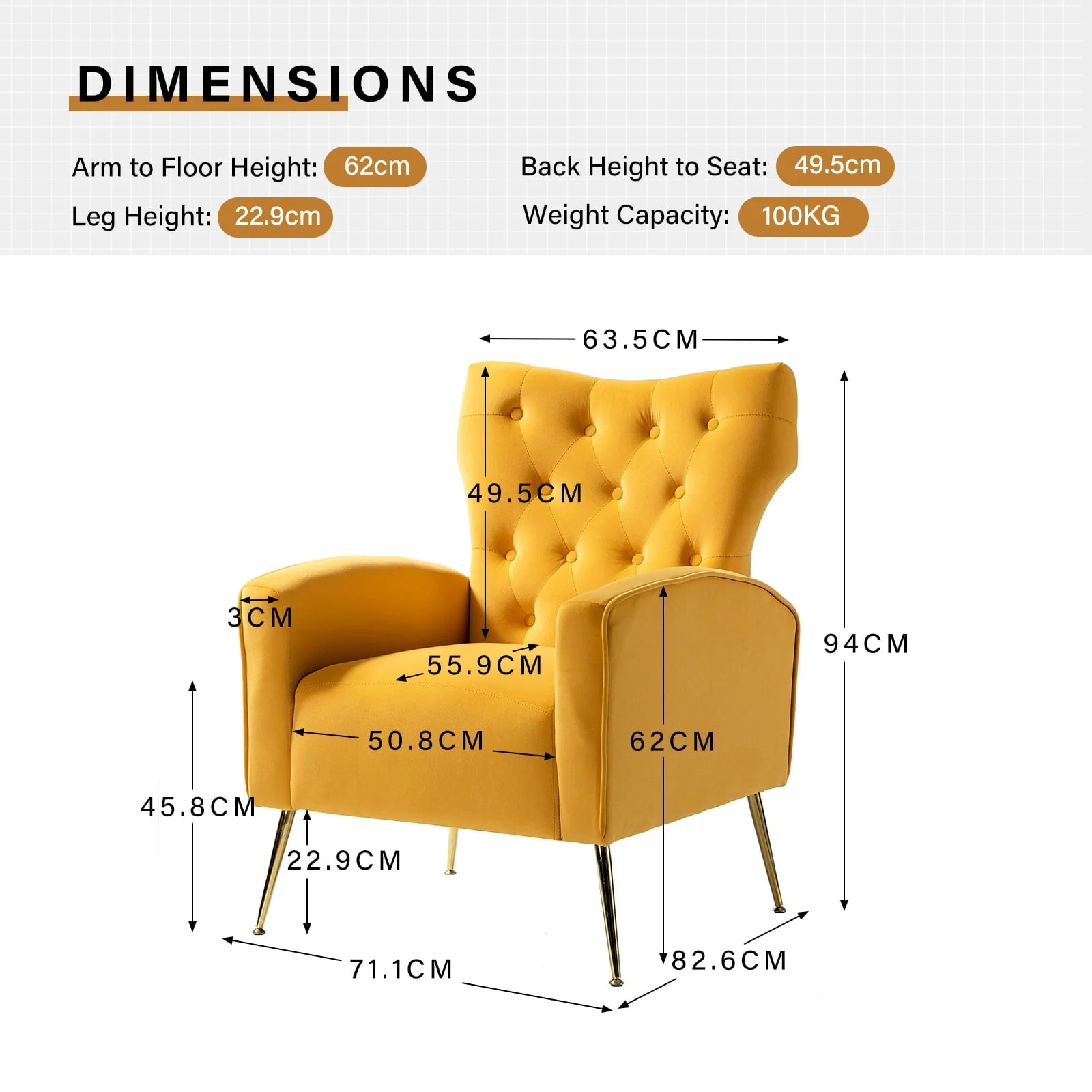 14 Karat Home Fall Home Decor Velvet Accent Chair Button Tufted Metal Legs Adult Living Room Mustard