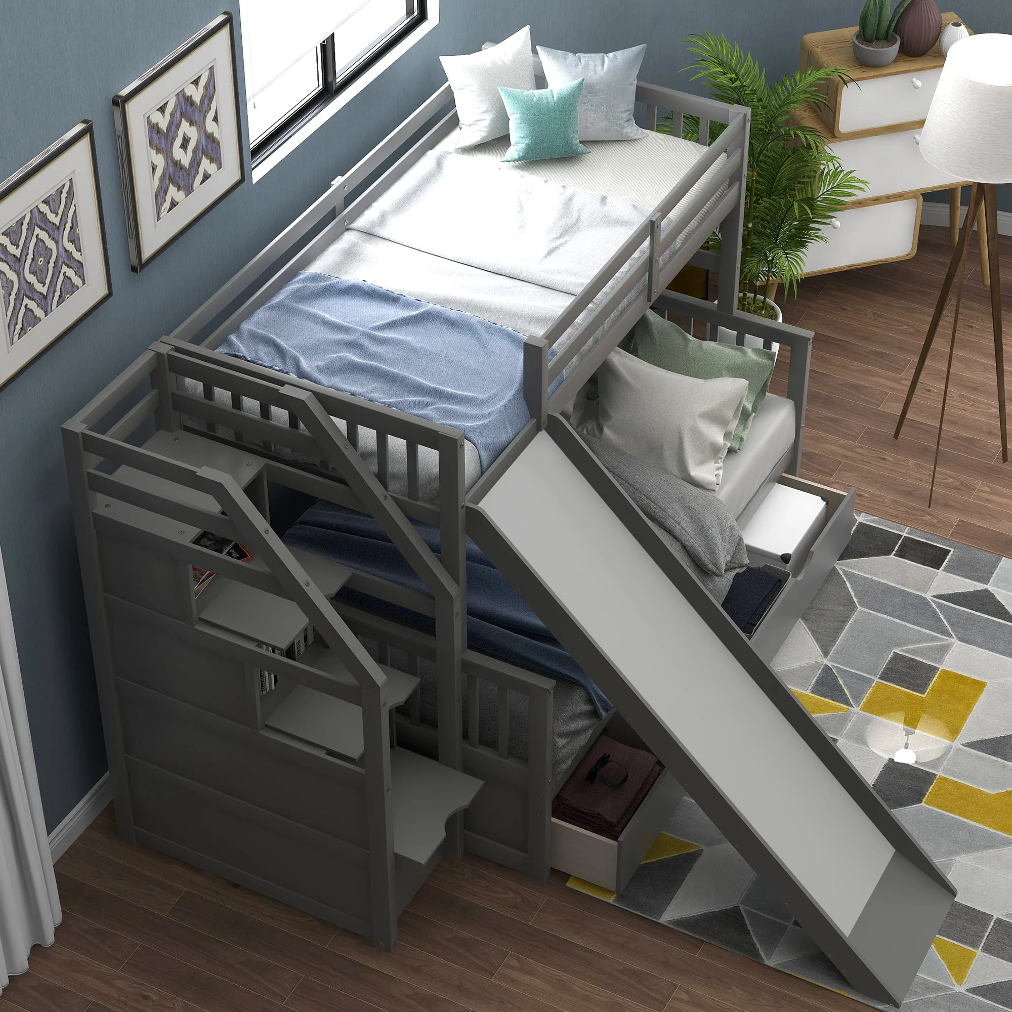 Euroco Wood Twin Over Full Bunk Bed with Drawers and Slide, Gray