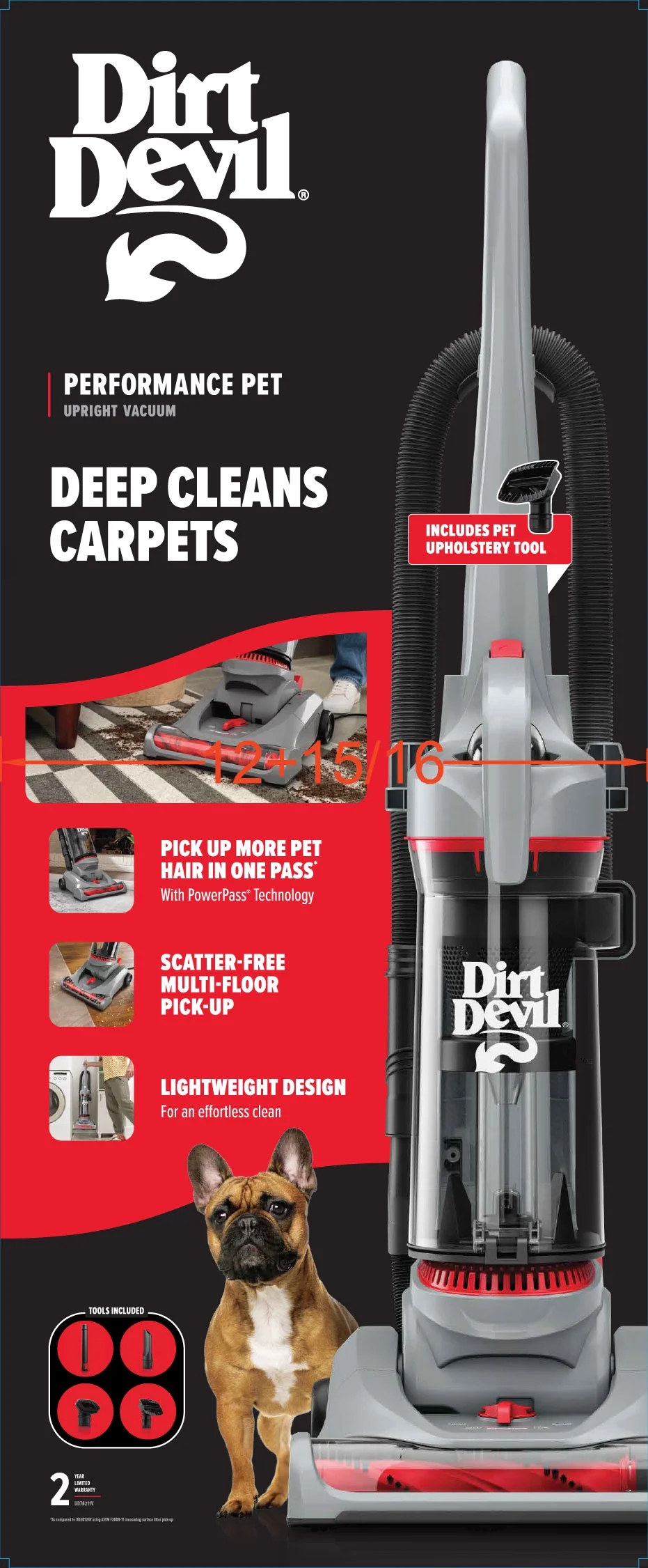 Dirt Devil Performance Pet Bagless Upright Vacuum Cleaner, Pet Friendly, for Carpet & Hard Floors, Above Floor Cleaning, Lightweight, UD76211V, Gray