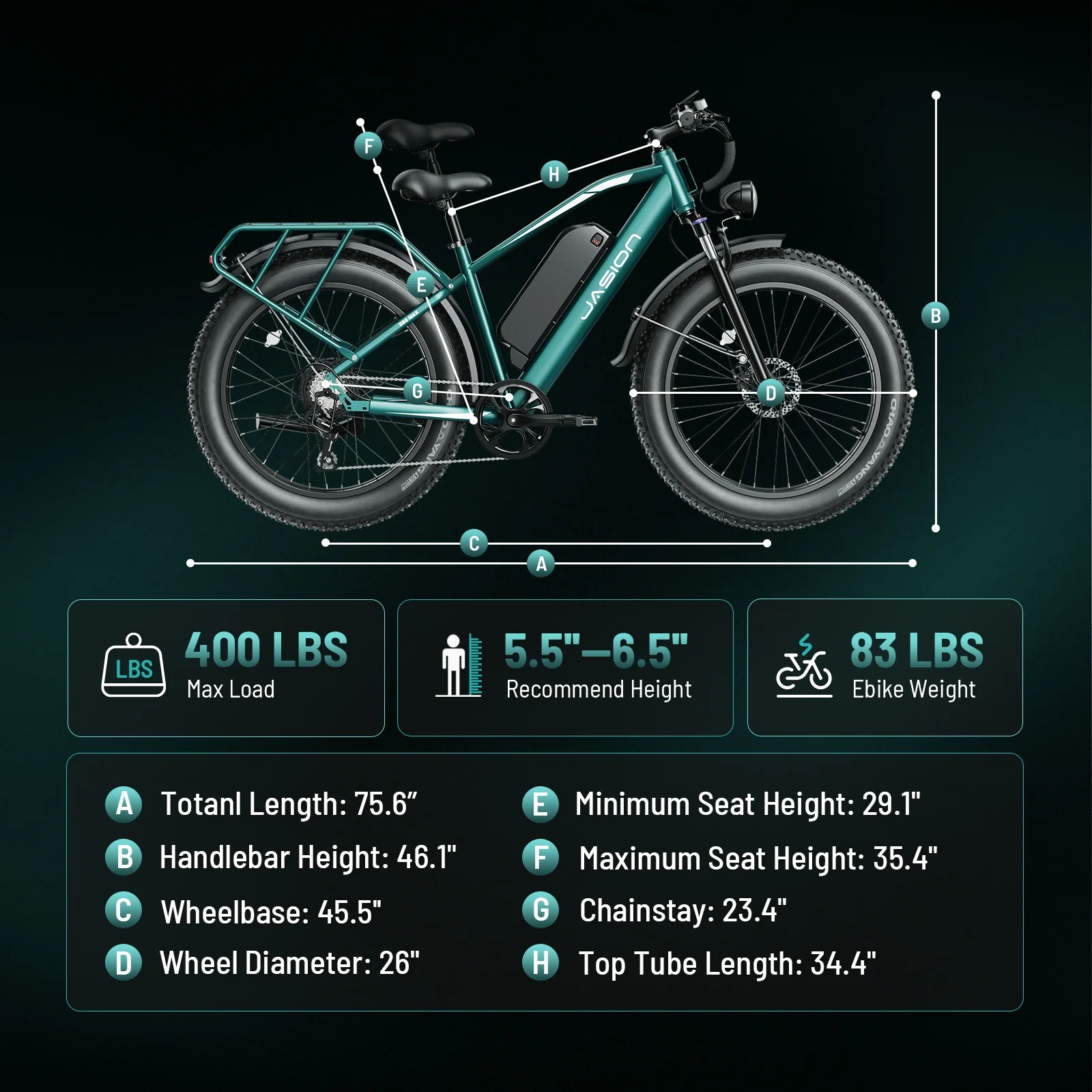 Jasion EB5 MAX Electric Bike for Adults, 750W Electric Mountain Bike with 48V 15Ah Battery, 26'' Fat Tire Off-Road Ebike, 28MPH Shimano 7 Speed Bicycle UL2849