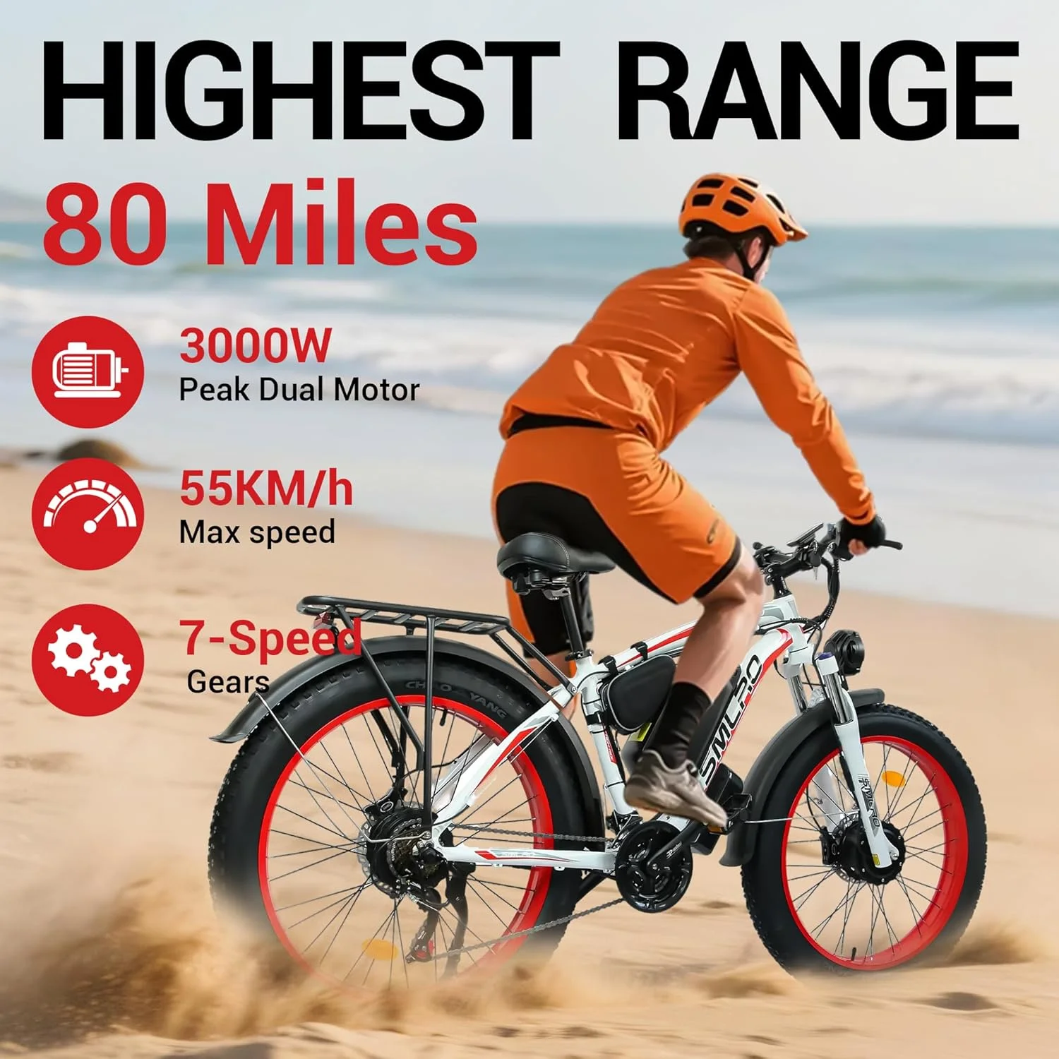 3000W Peak Dual Motor Ebike, 52V 30AH Battery Electric Bike for Adults, 7-Speed 40MPH AWD Ebike Mountain Snow E-Bike with 26