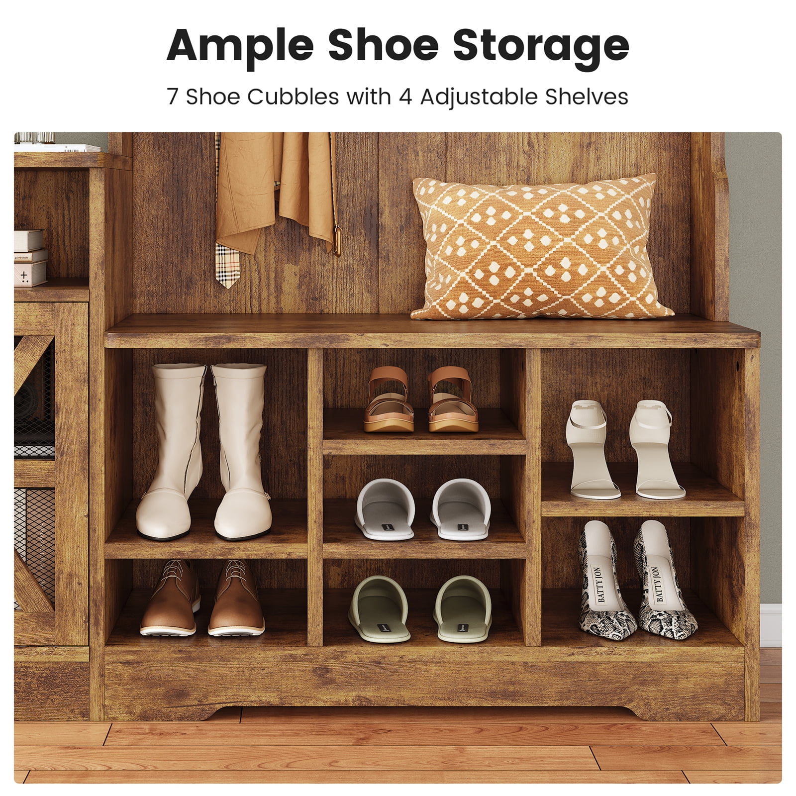 Farmhouse Wood Hall Tree with Shoe Bench and Console Table, LED 4-in-1 Coat Rack with 8 Hooks and 7 Adjustable Shoe Cubbies, Multifunctional Entryway Storage Organizer with Cabinet, Vintage White