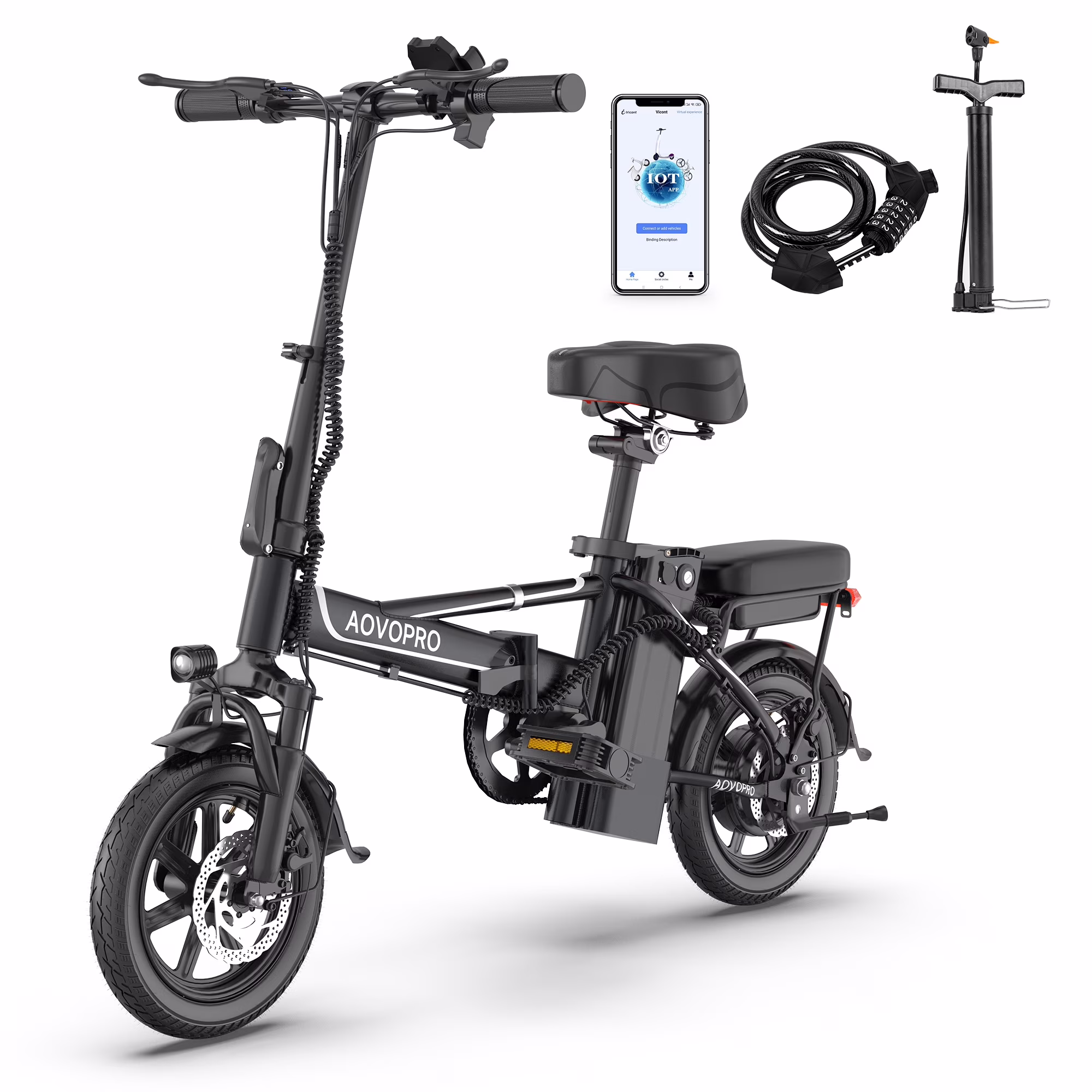 AOVOPRO EB60 Black Electric Bike 500W 48V, 14' Mini Ebike for City Commuter, Folding Electric Bicycle for Adult with Two Seats UL2849