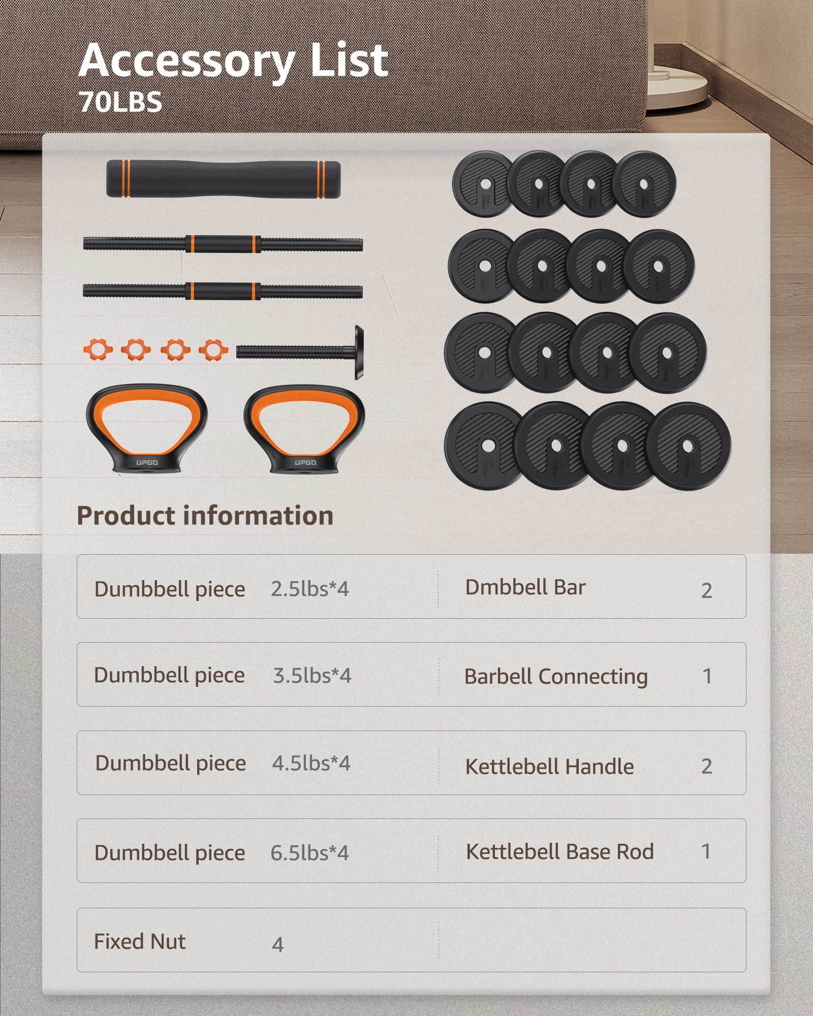 UPGO Adjustable Dumbbells, 70lbs Free Weight Set with Connector, 6 in1 Dumbbells Set as Barbell, Kettlebells, Push up Stand, Fitness Exercises for Home Gym Suitable Men/Women