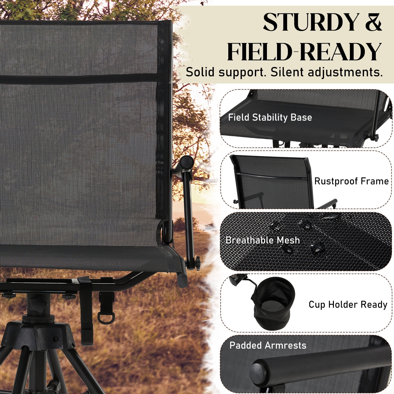 Danrelax 360° Silent Camo Hunting Blind Chair, Armrests, Side Pouch, Telescopic Legs