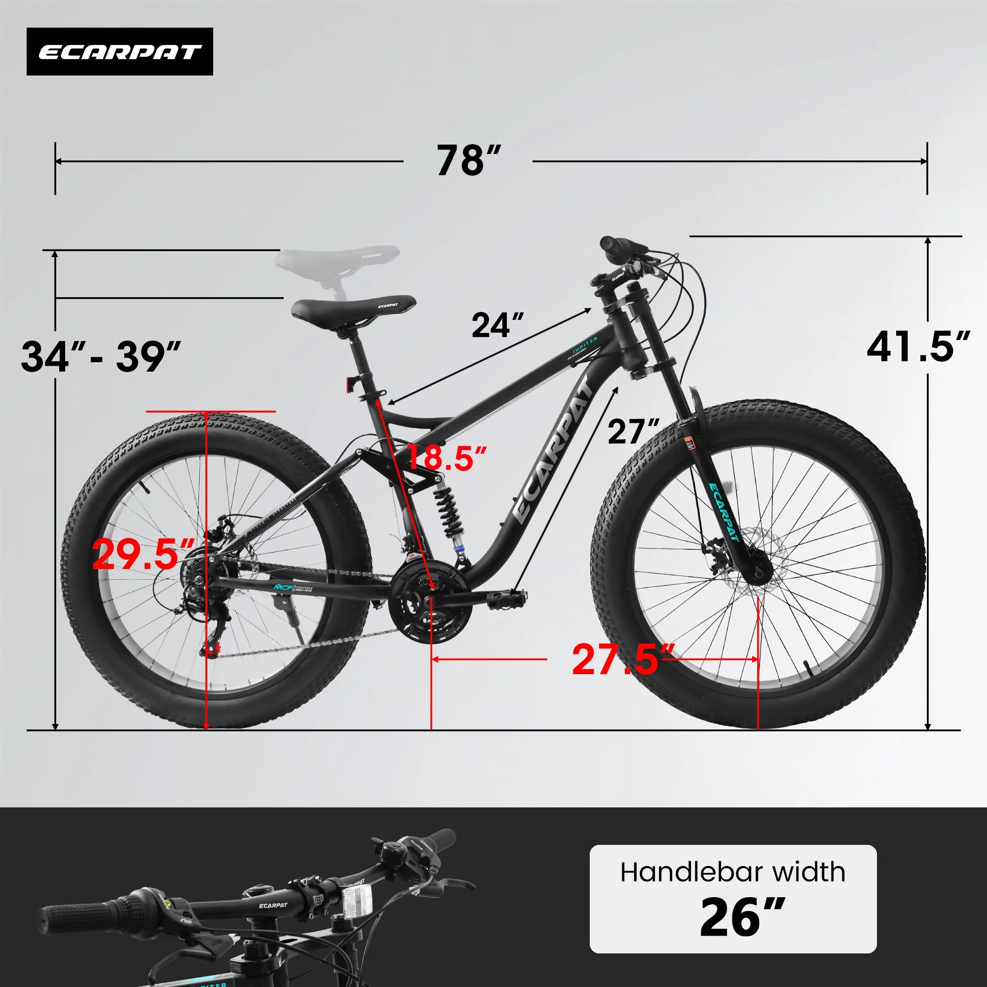 Coowa A26309 26 Inch Full Suspension Mountain Bike for Men, 21-Speed Shimano Gears, 4-Inch Fat Tires, Steel Frame, Disc Brakes, Black, Designed for Snow and Trail Cycling