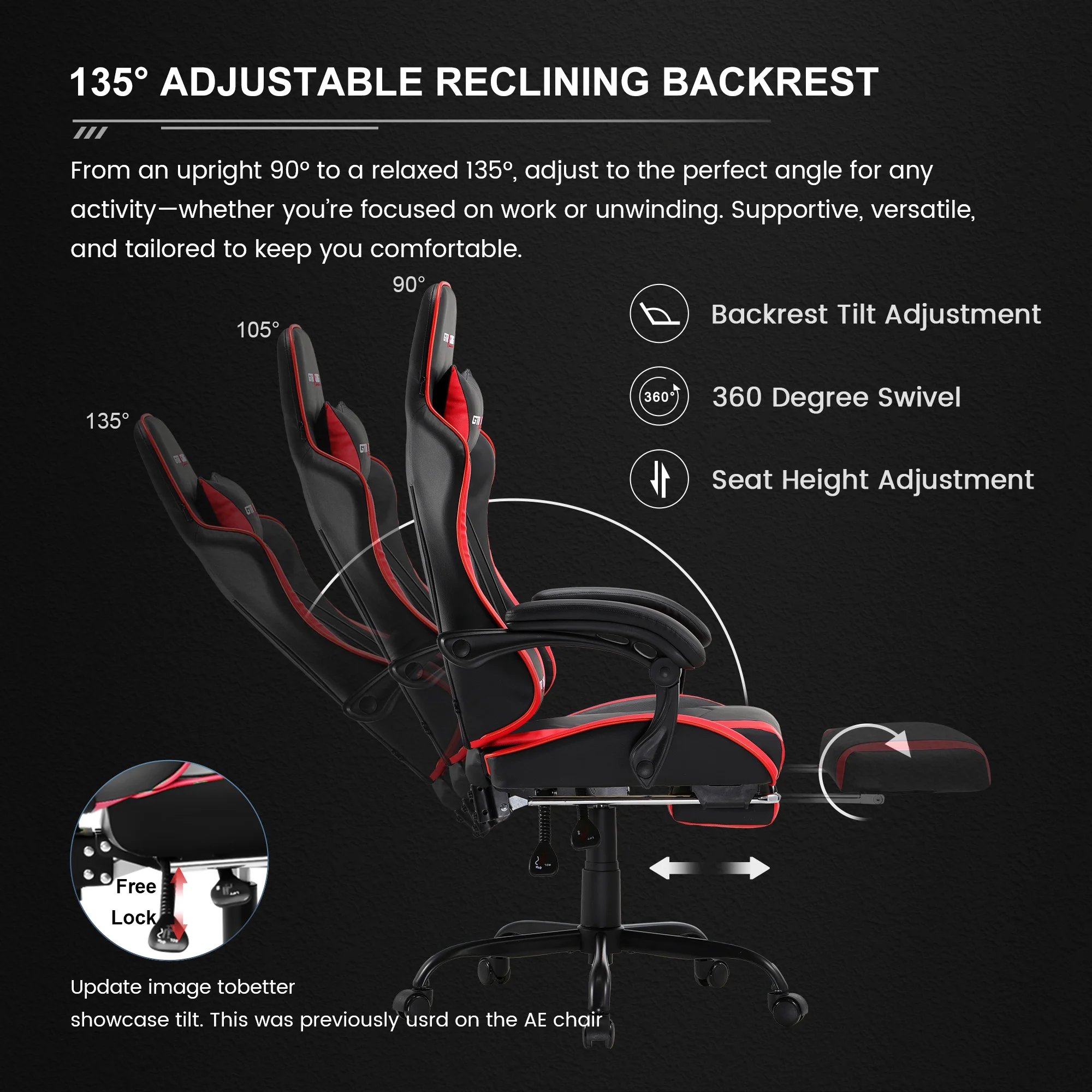 GTRACING GTWD-200 Ergonomic Gaming Chair with Adjustable Pillows and Footrest , Red