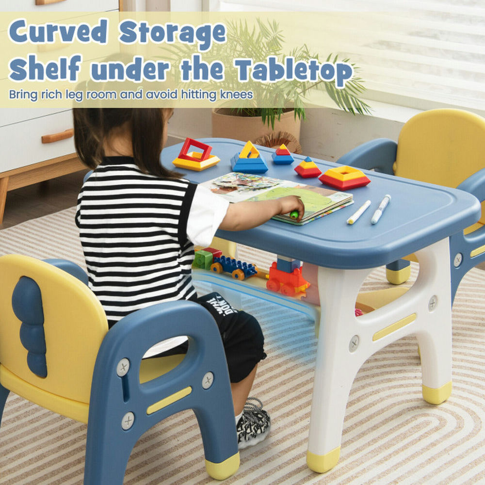 Spaco Kids Table and 2 Chairs Set with Storage Shelf and Building Blocks-Blue, Toddler Table and Chair Set for Arts & Crafts, Snack Time, Homeschooling, Homework