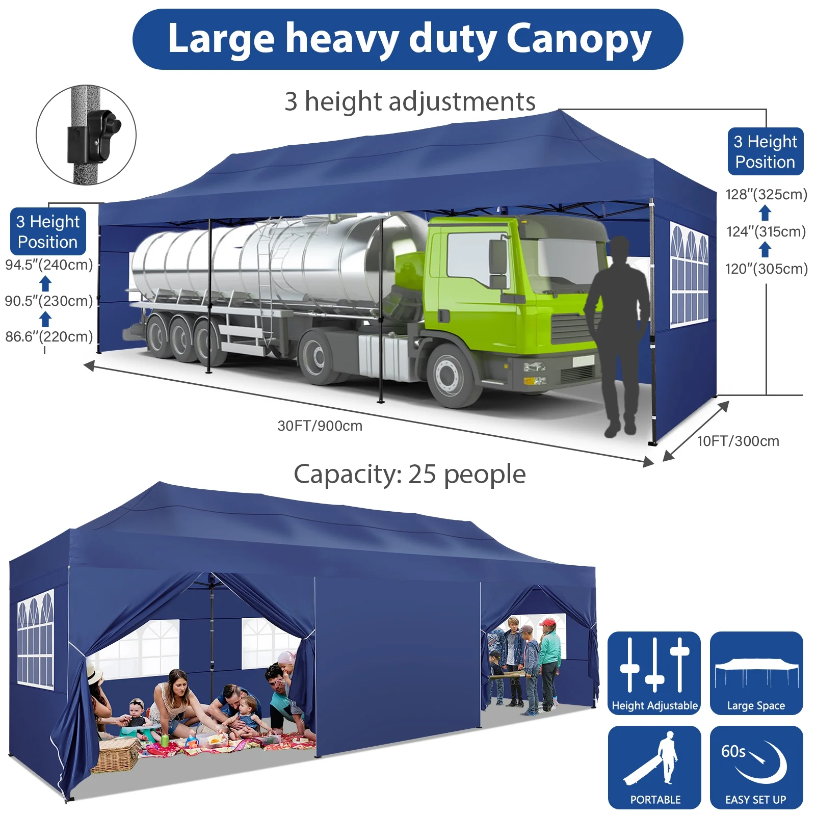 SANOPY 10'x30' Canopy Heavy Duty Pop Up Canopy Tent Outdoor Gazebo Shelter Portable Instant Commercial Wedding Party Tent with 8 Removable Sidewalls&3 Heigh Adjustable&Roller Bag,Dark Blue