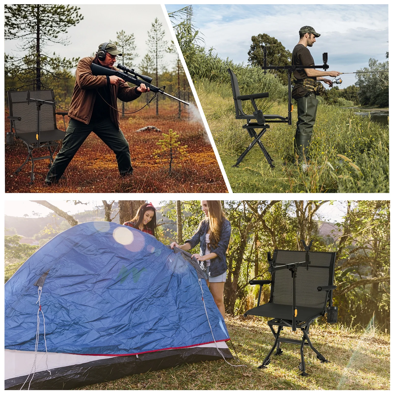 Danrelax 360° Silent Camo Hunting Blind Chair, Armrests, Side Pouch, Telescopic Legs