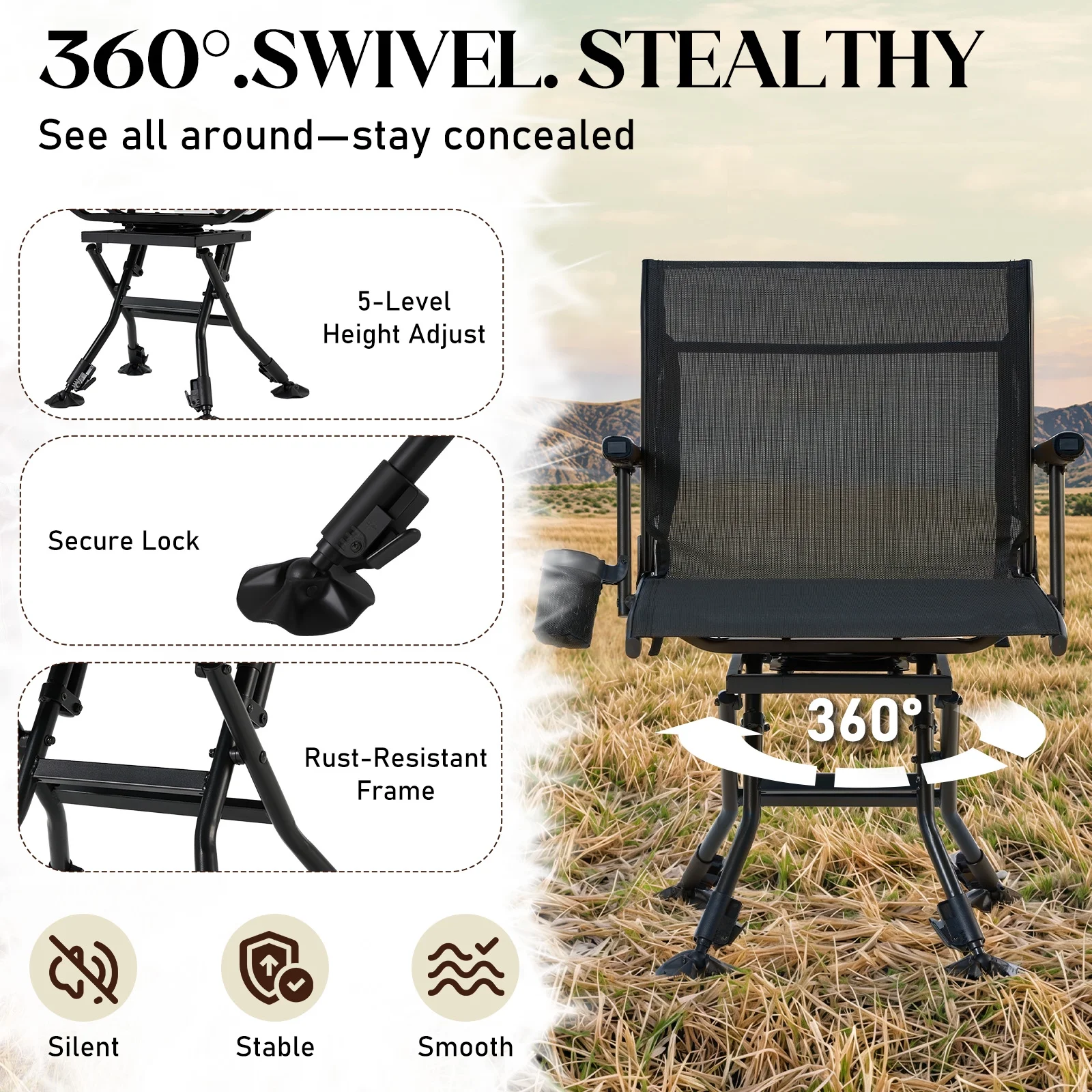 Danrelax 360° Silent Camo Hunting Blind Chair, Armrests, Side Pouch, Telescopic Legs