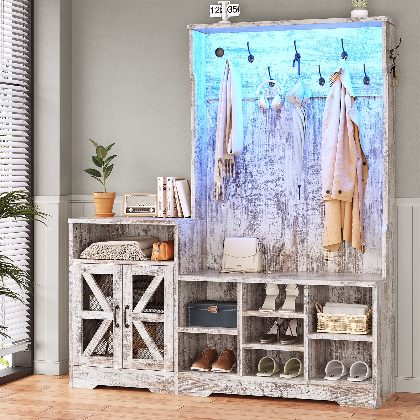 Farmhouse Wood Hall Tree with Shoe Bench and Console Table, LED 4-in-1 Coat Rack with 8 Hooks and 7 Adjustable Shoe Cubbies, Multifunctional Entryway Storage Organizer with Cabinet, Vintage White