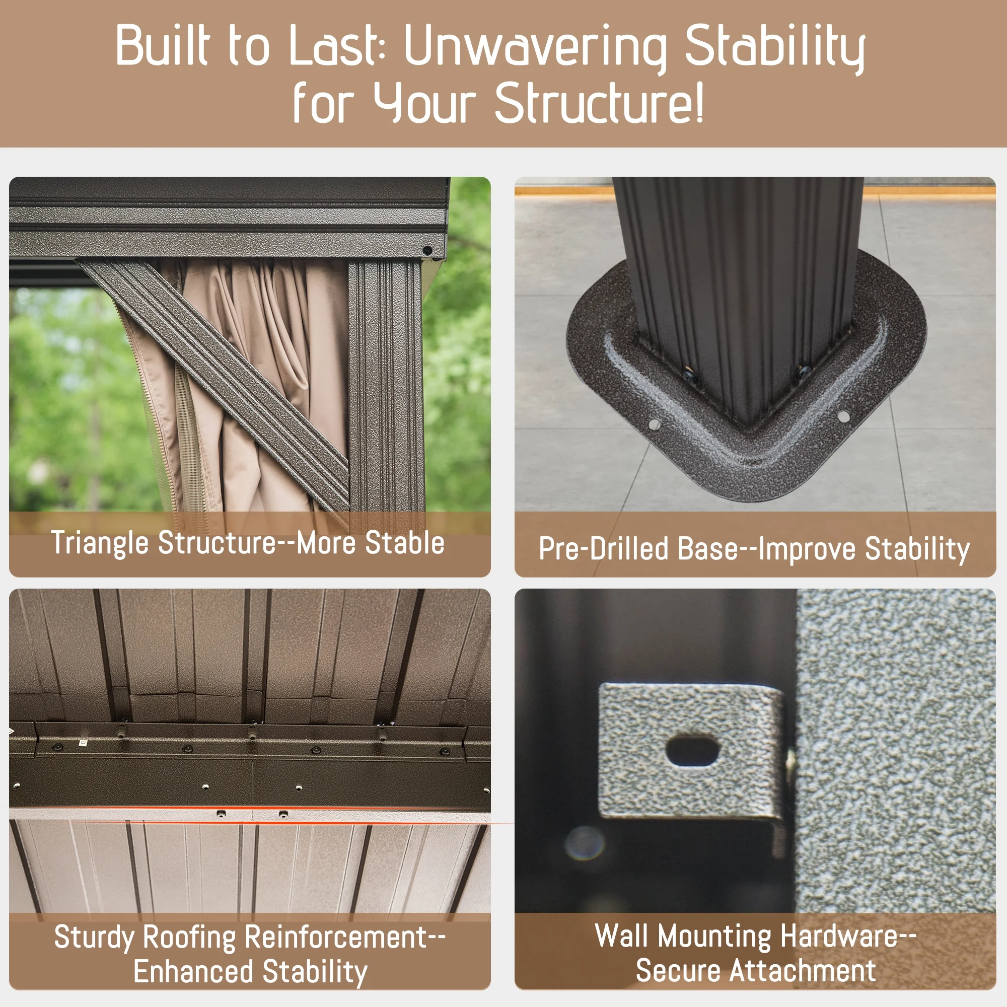 Domi Outdoor Living 10' x 12' Hardtop Lean-to Gazebo, Wall-Mounted with Galvanized Steel Roof Wall Pergola with Aluminum Frame, Curtains and Netting, for Patio, Deck, Garden, Backyard