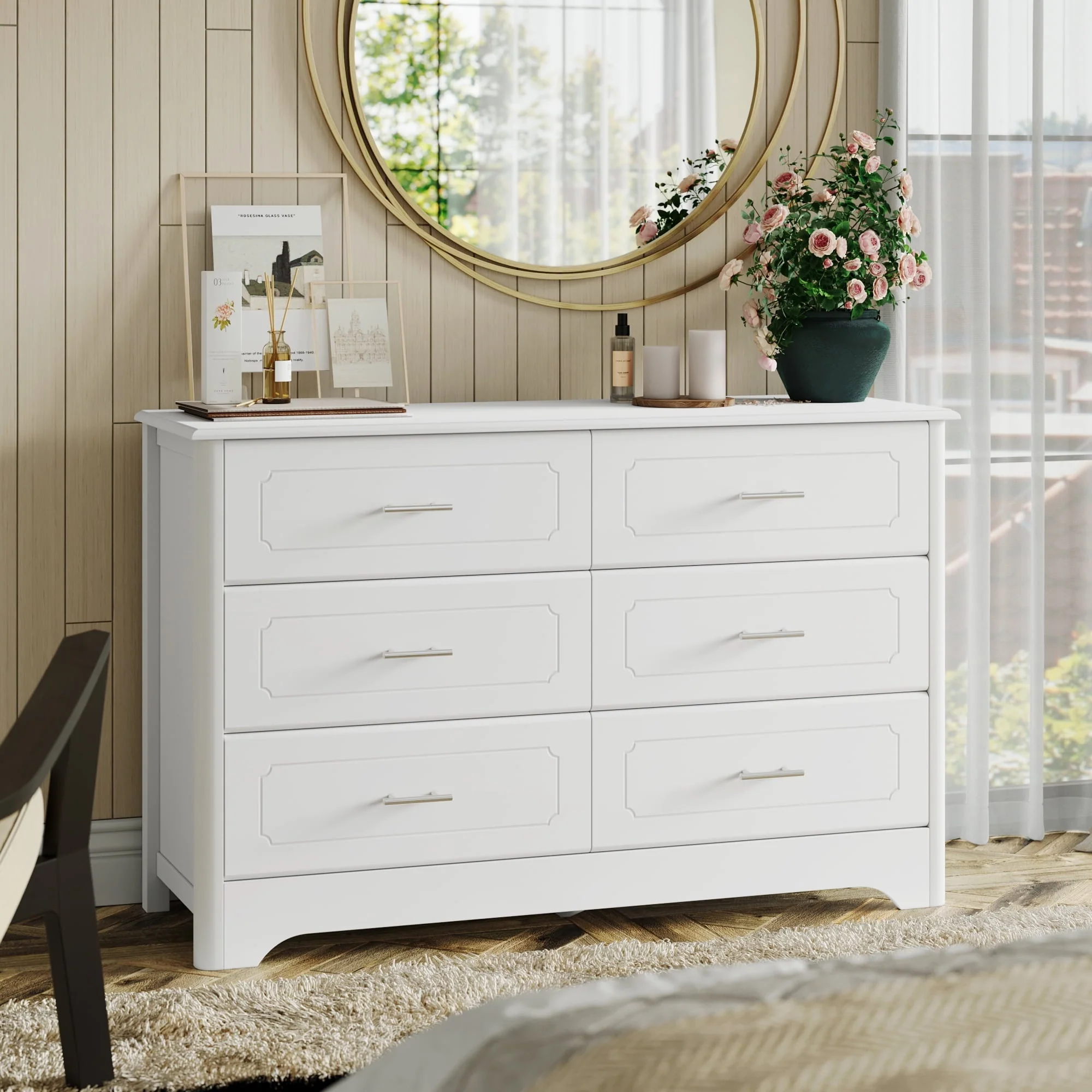 Homfa Double Dresser with 6 Drawer, White Horizontal Dresser Chest for Bedroom