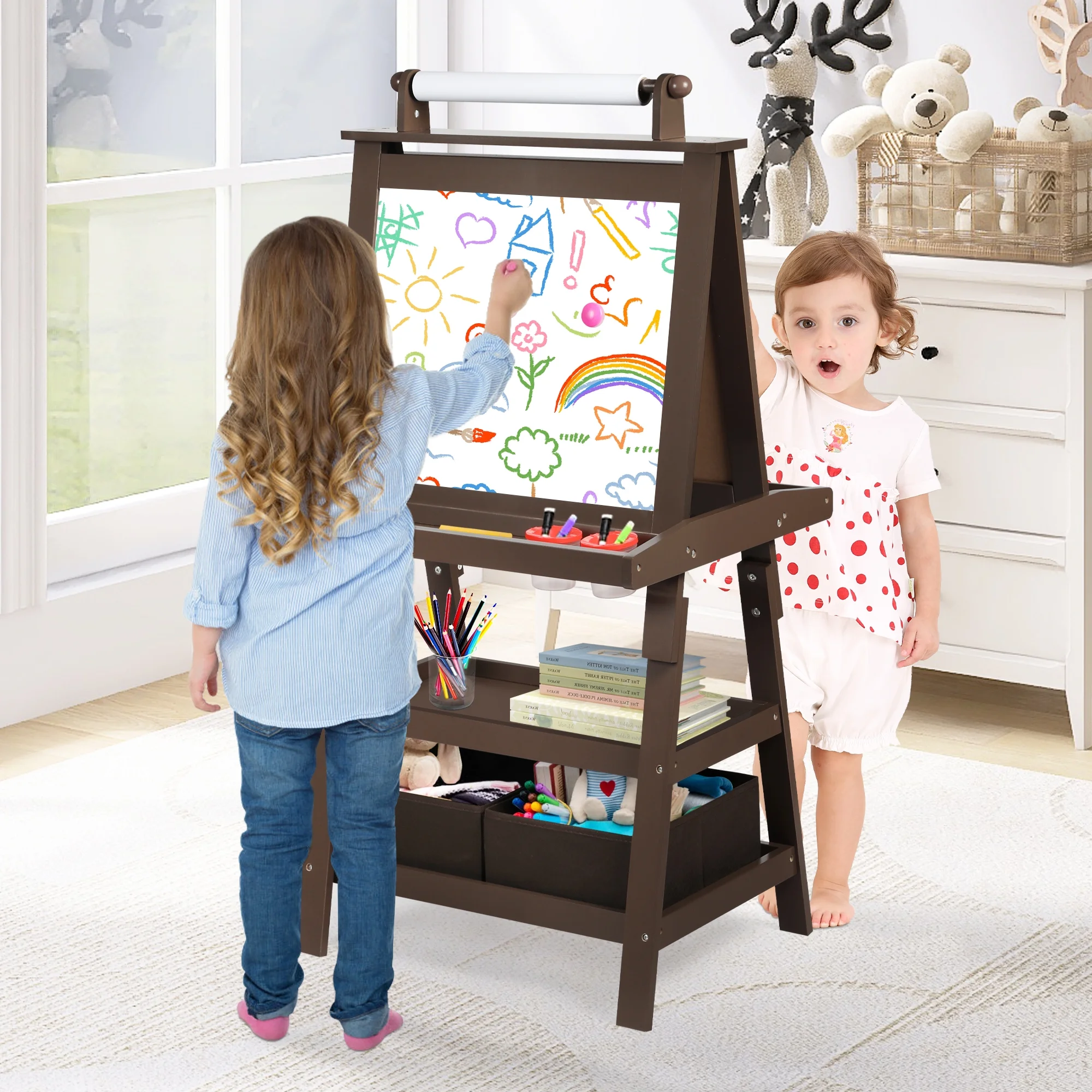 LINLUX 3 in 1 Art Easel for Kid, Whiteboard for Kid with Stand, Magnetic Chalkboard Pizarra, Grey