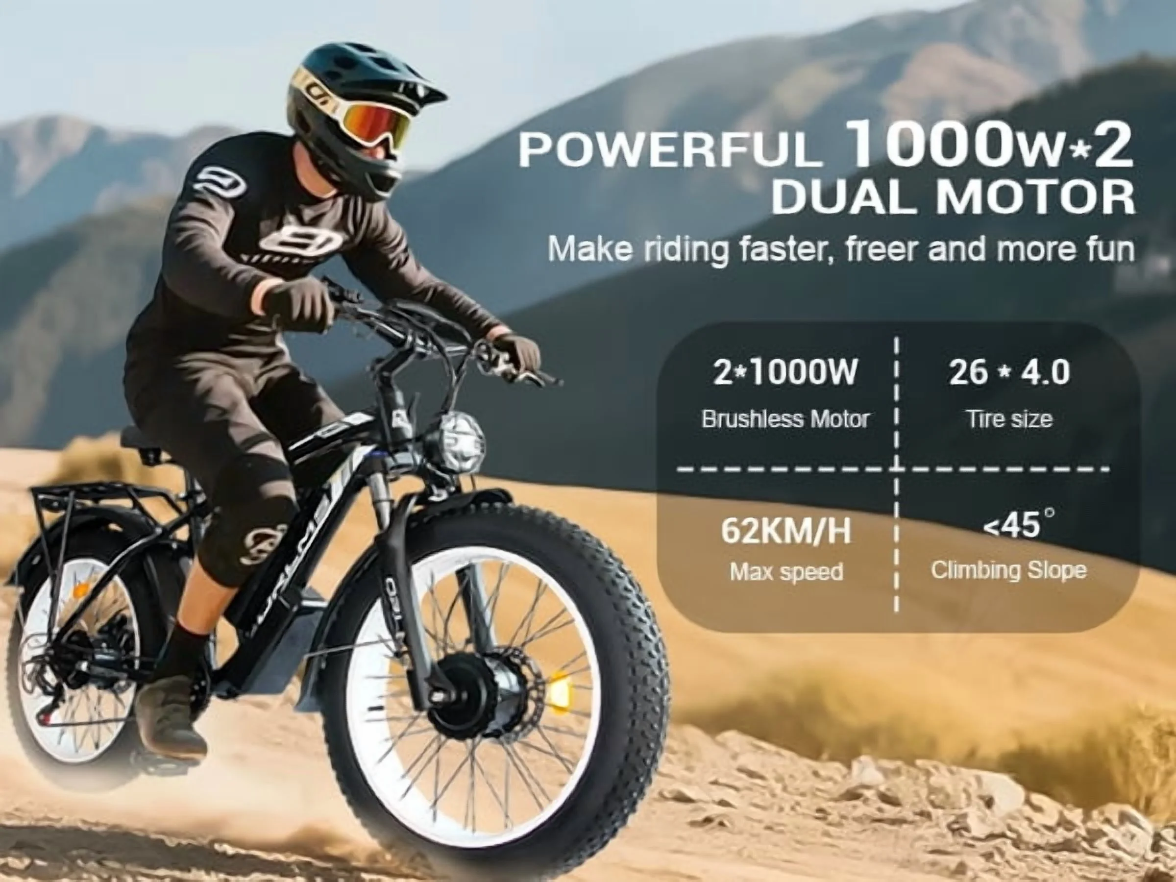 5000W (Peak) Electric-Bike for Adults, 60V 25AH Battery Electric Motorcycle, Dual-Motor-Ebike 50MPH Ebike, 26*4.0 Fat Tire Electric-Bicycle, AWD 21-Speed Mountain Bike for All-Road UL 2849
