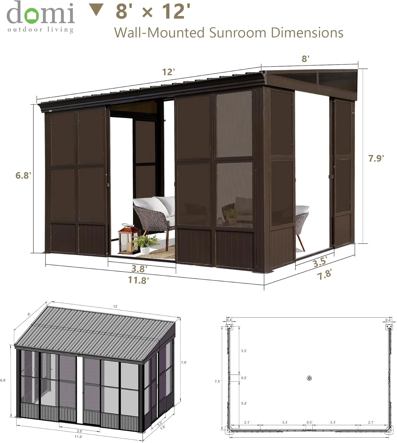 Domi Outdoor Living 10' x 12' Hardtop Lean-to Gazebo, Wall-Mounted with Galvanized Steel Roof Wall Pergola with Aluminum Frame, Curtains and Netting, for Patio, Deck, Garden, Backyard