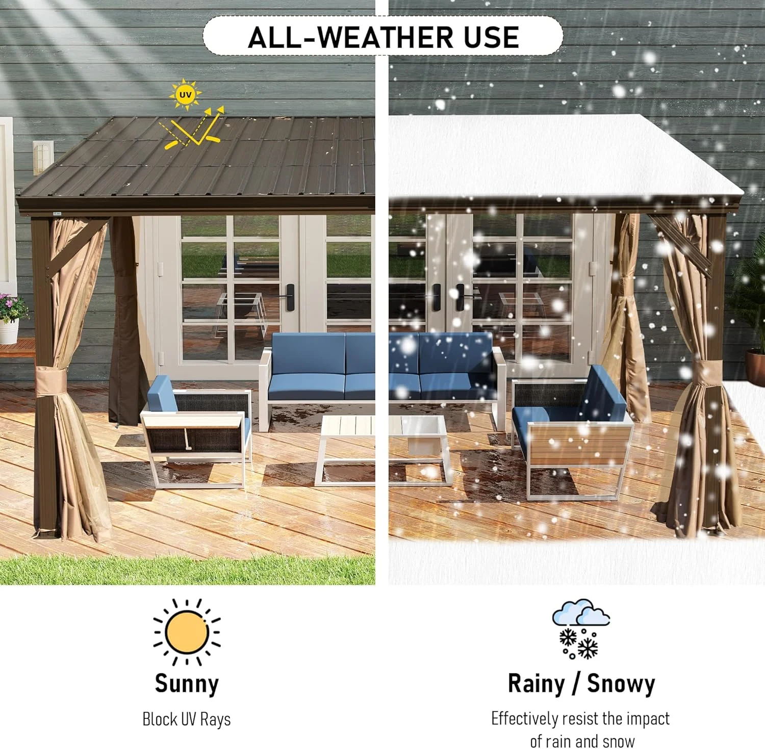 Domi Outdoor Living 10' x 12' Hardtop Lean-to Gazebo, Wall-Mounted with Galvanized Steel Roof Wall Pergola with Aluminum Frame, Curtains and Netting, for Patio, Deck, Garden, Backyard