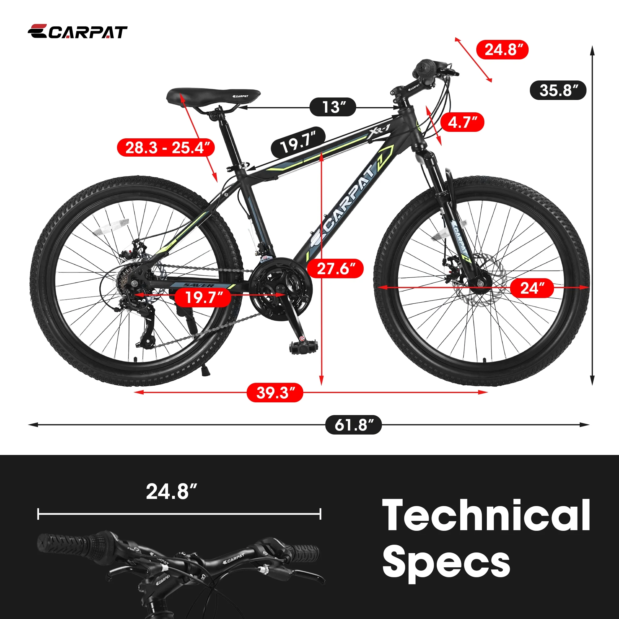Ecarpat Mountain Bike, 24-Inch Wheels Bikes Shimano 21-Speed with High Carbon Steel Frame Mechanical Disc Brakes Front Suspension Fork for Youth Adults Multiple Colors