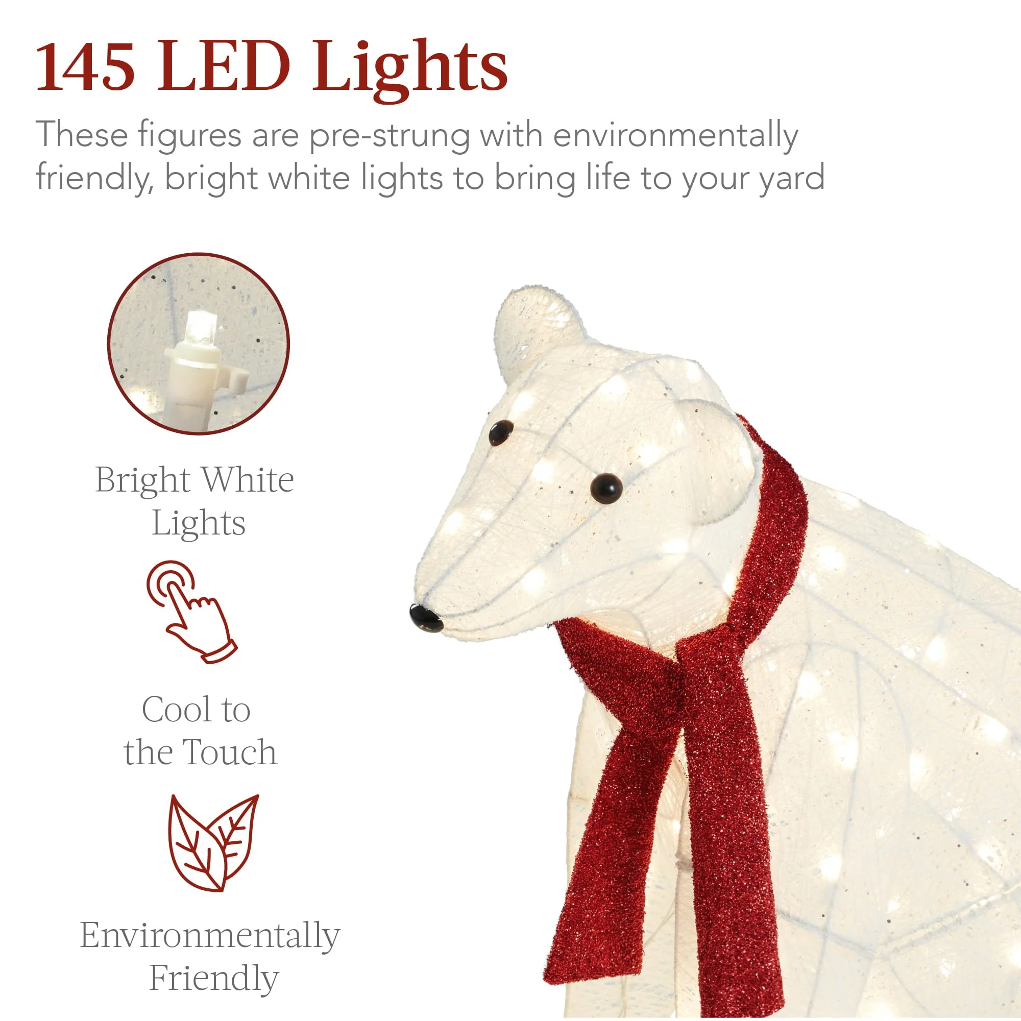 Best Choice Products Large Lighted Polar Bear Family w/ 145 Pre-Strung LED Lights, Zip Ties, Ground Stakes - Red/White