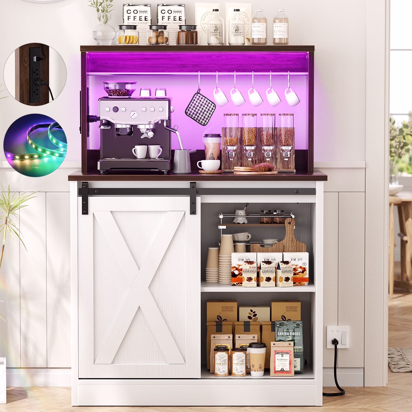 Homieasy Farmhouse Coffee Bar Cabinet with Charging Station, LED Lighting, Adjustable Shelves & Rustic Sliding Barn Door Design for Kitchen, Dining, or Living Room, Black Oak