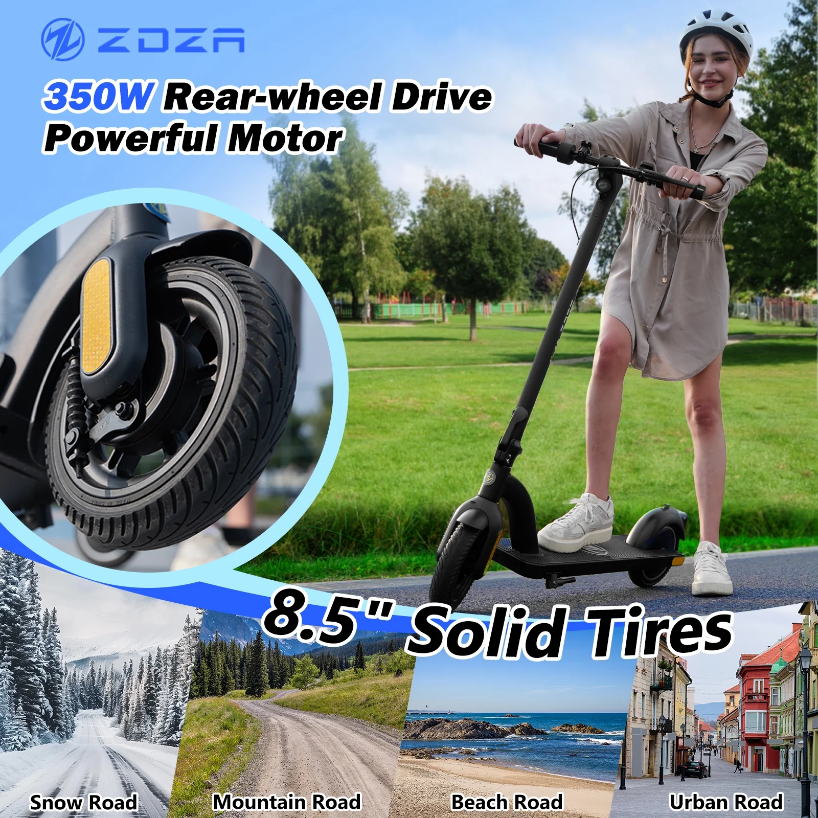 ZDZA 350W & 19MPH Electric Scooter for Adults, 12-21 Miles Range, 8.5' Foldable Escooter